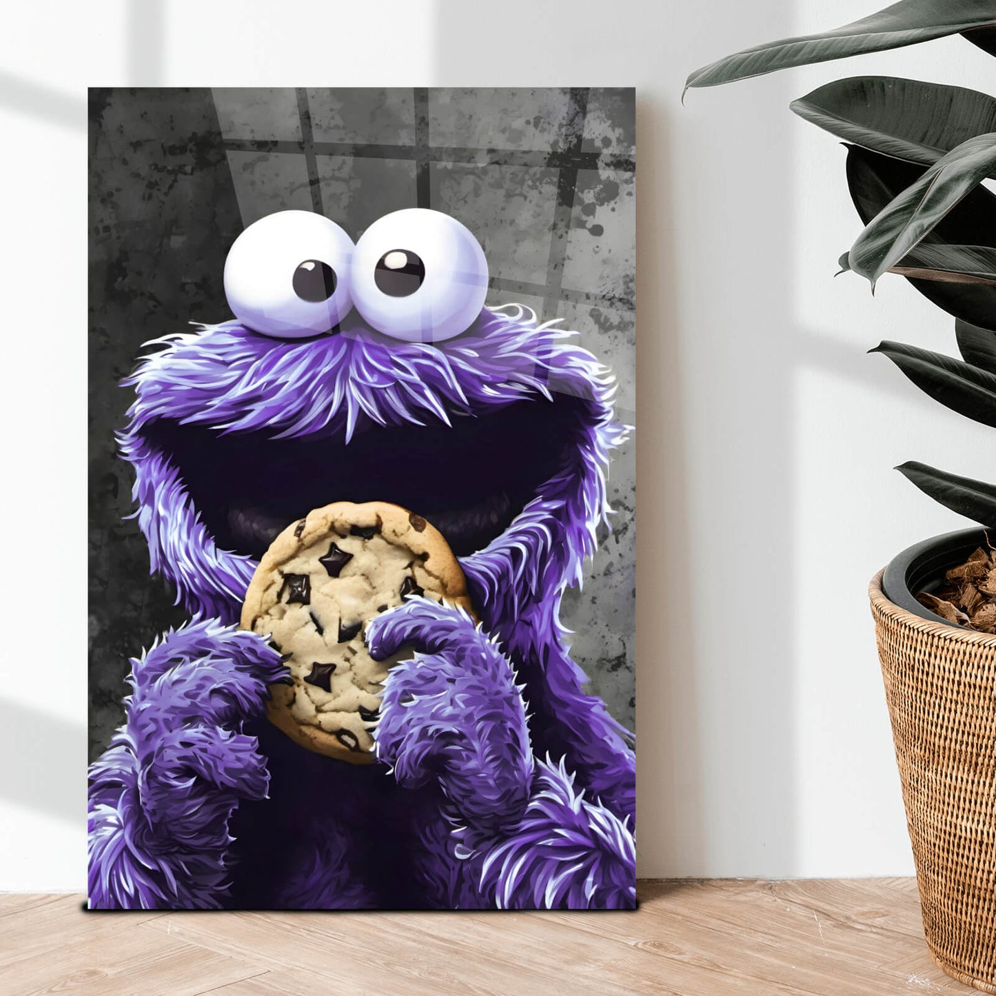 Acrylglasbild lila Keksmonster Hochformat