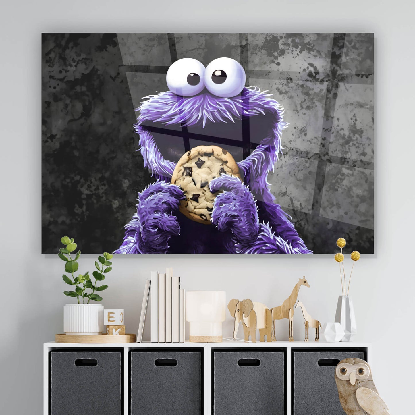 Acrylglasbild lila Keksmonster Querformat