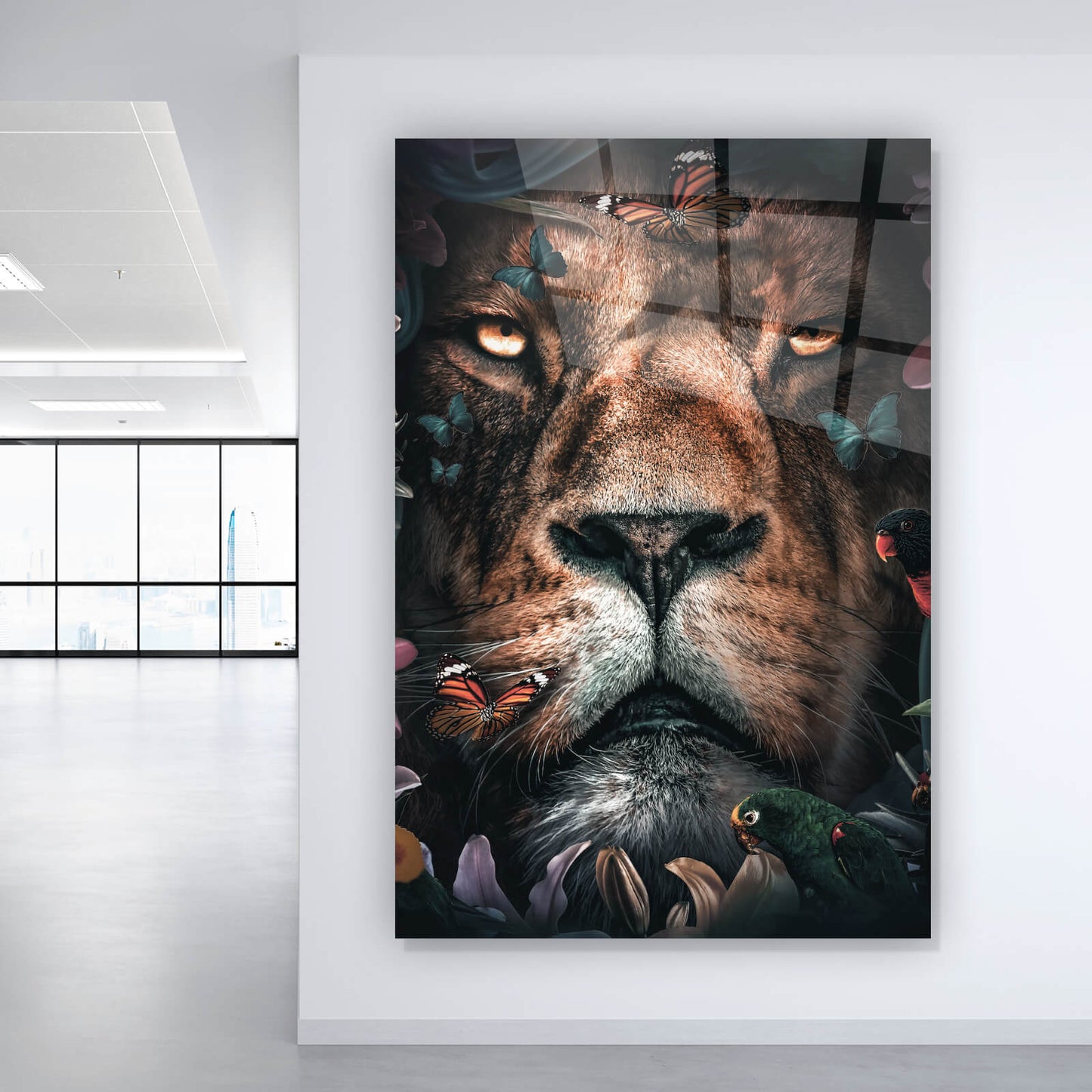 Acrylglasbild Löwe Floral Hochformat