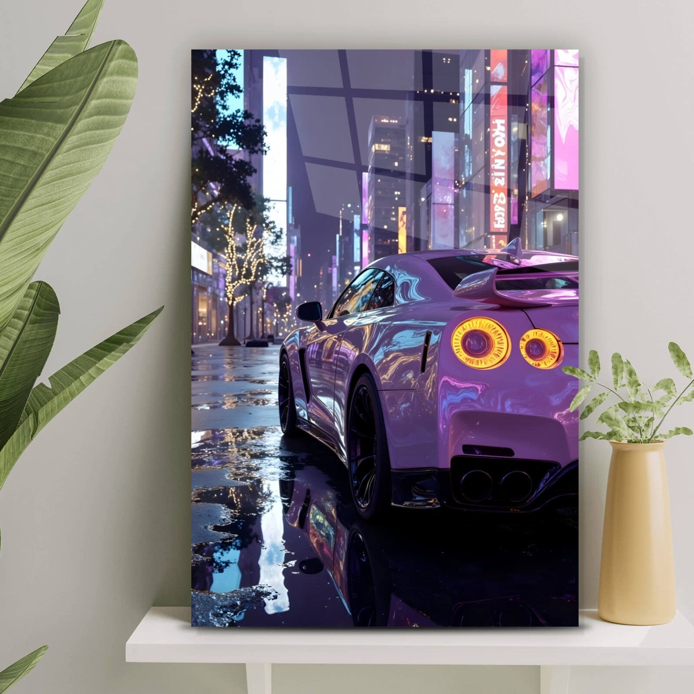 Acrylglasbild Luxus Sportwagen in der beleuchteten Stadt Hochformat