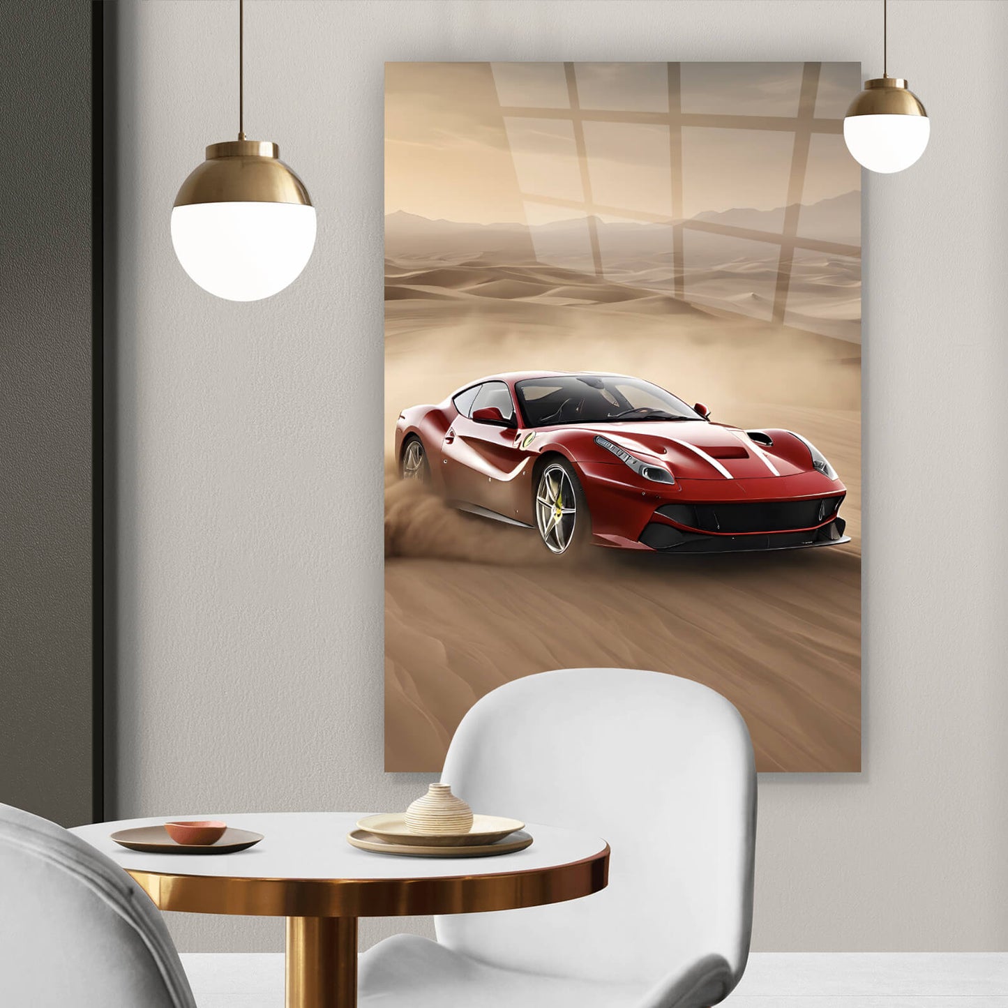 Acrylglasbild Luxus Sportwagen in der Wüste Hochformat
