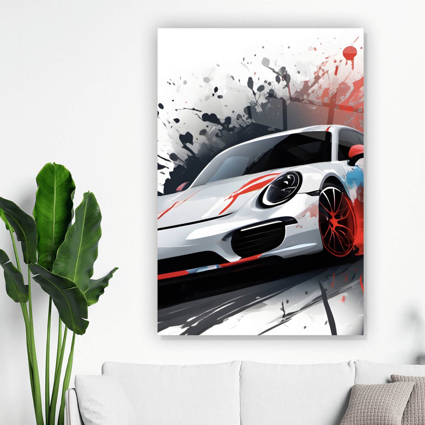 Acrylglasbild Luxus Sportwagen mit Farbspritzer Hochformat