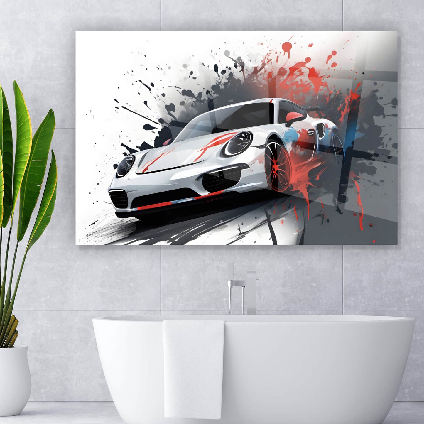 Acrylglasbild Luxus Sportwagen mit Farbspritzer Querformat