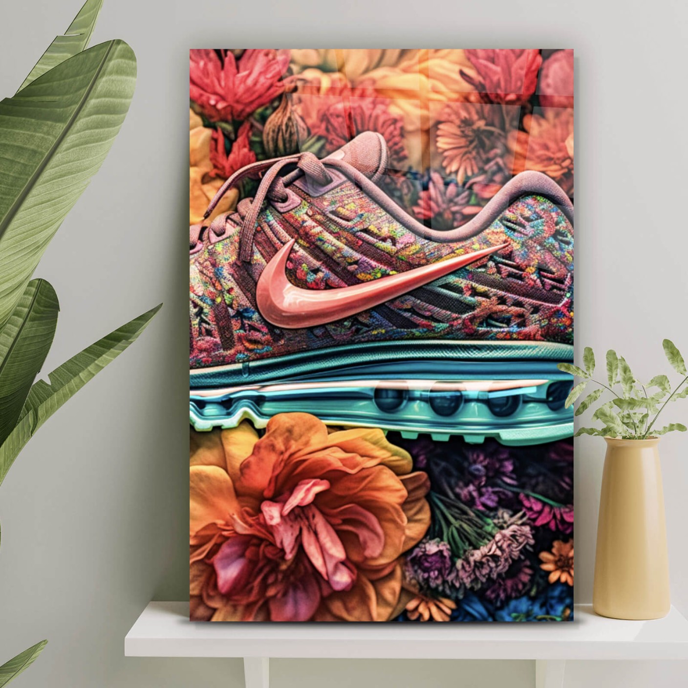 Acrylglasbild Moderner Sneaker im Blumendesign Hochformat