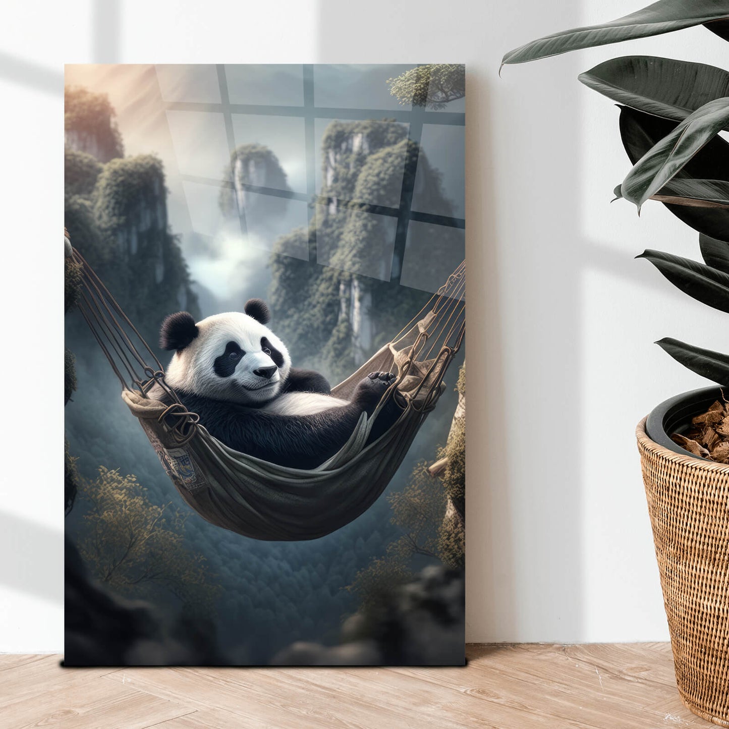 Acrylglasbild Pandabär in einer Hängematte Hochformat