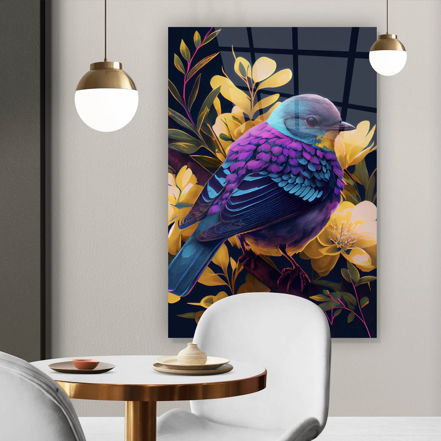 Acrylglasbild Paradiesvogel Lila Hochformat