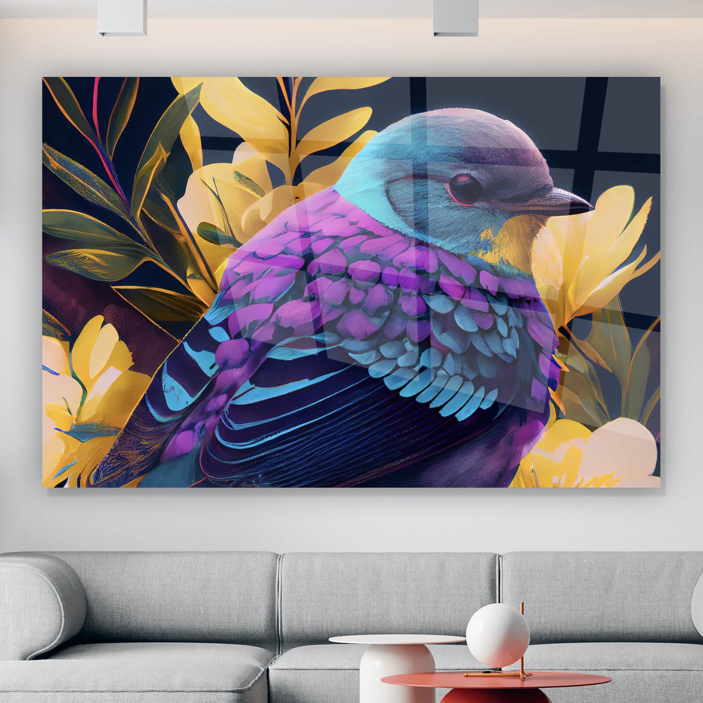 Acrylglasbild Paradiesvogel Lila Querformat