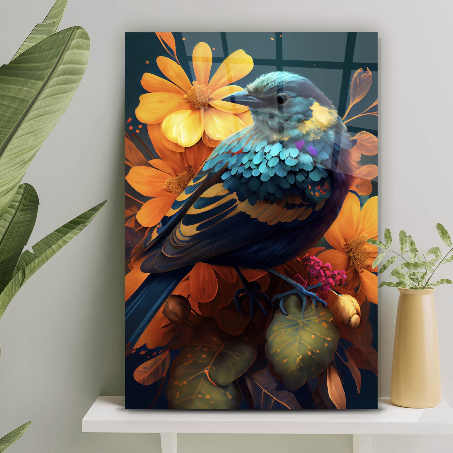 Acrylglasbild Paradiesvogel Türkis Hochformat