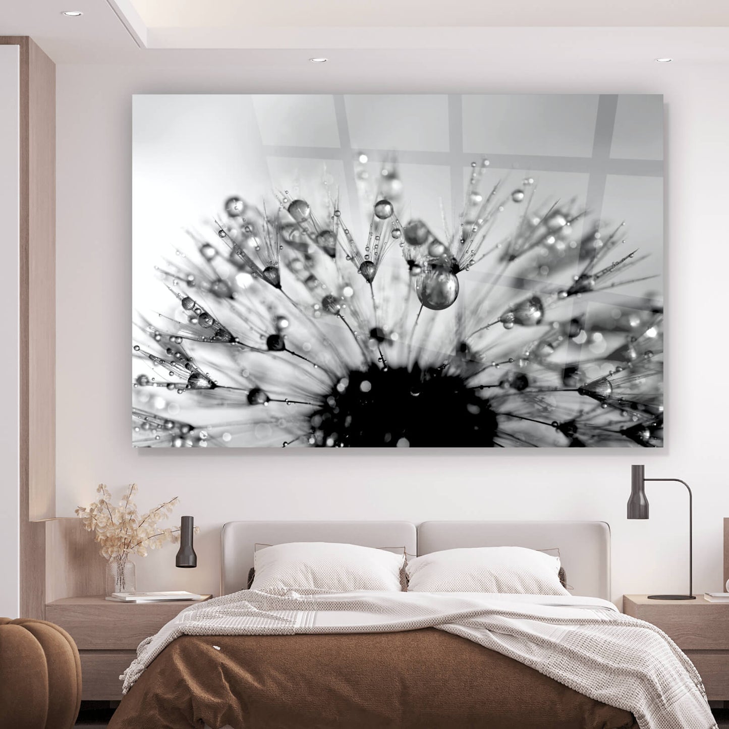 Acrylglasbild Pusteblume mit Regentropfen Querformat