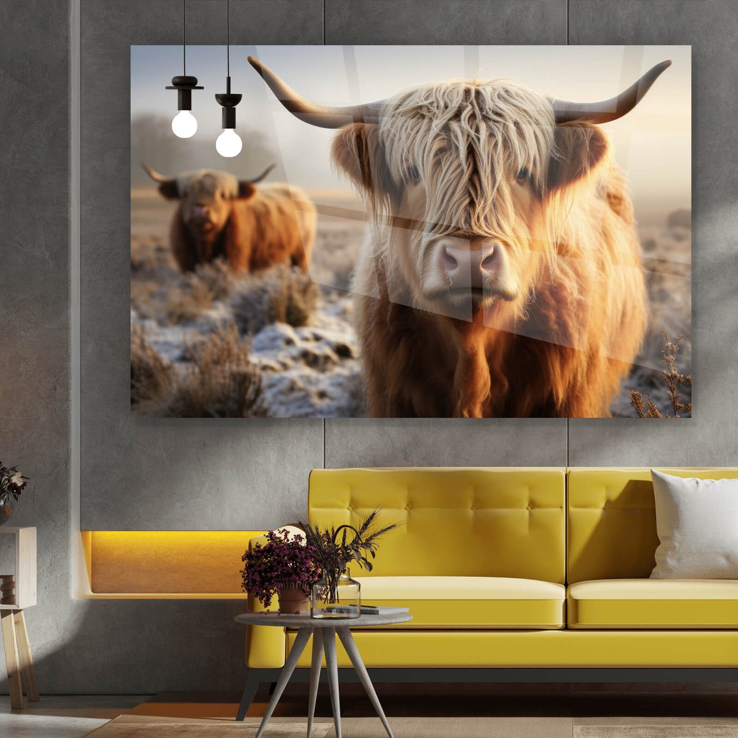 Acrylglasbild Rinder im Nebel Querformat