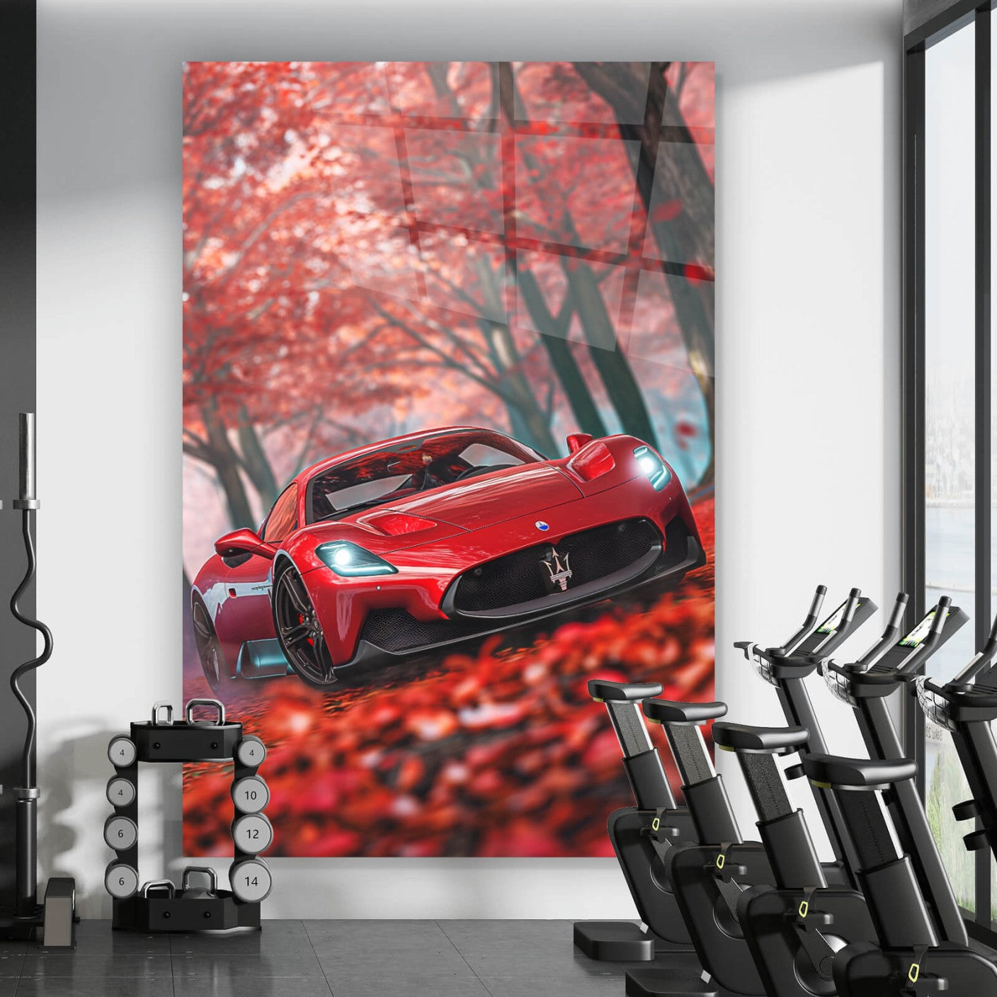 Acrylglasbild Roter Sportwagen im Herbstwald Hochformat