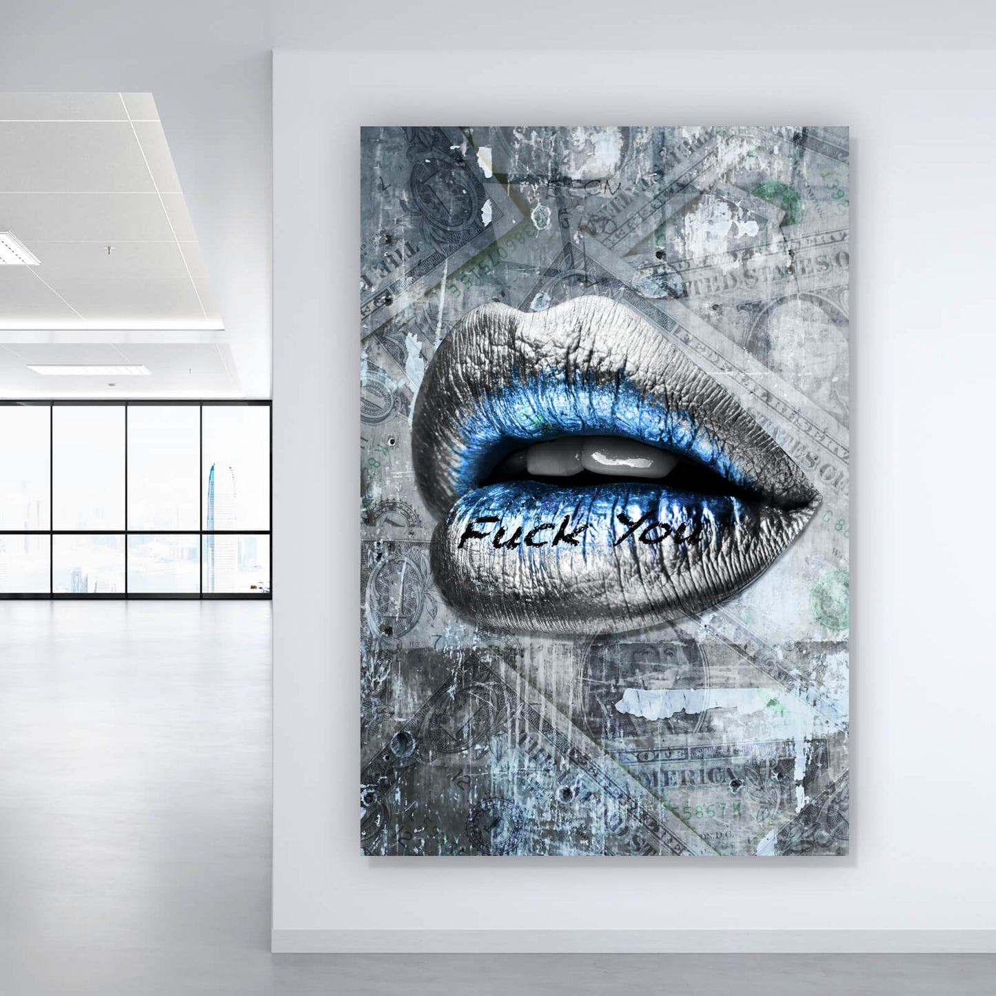 Acvrylglasbild Silberne Lippen Dollar Hochformat