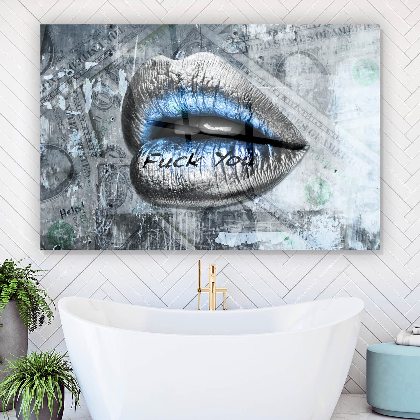 Acrylglasbild Silberne Lippen Dollar Querformat