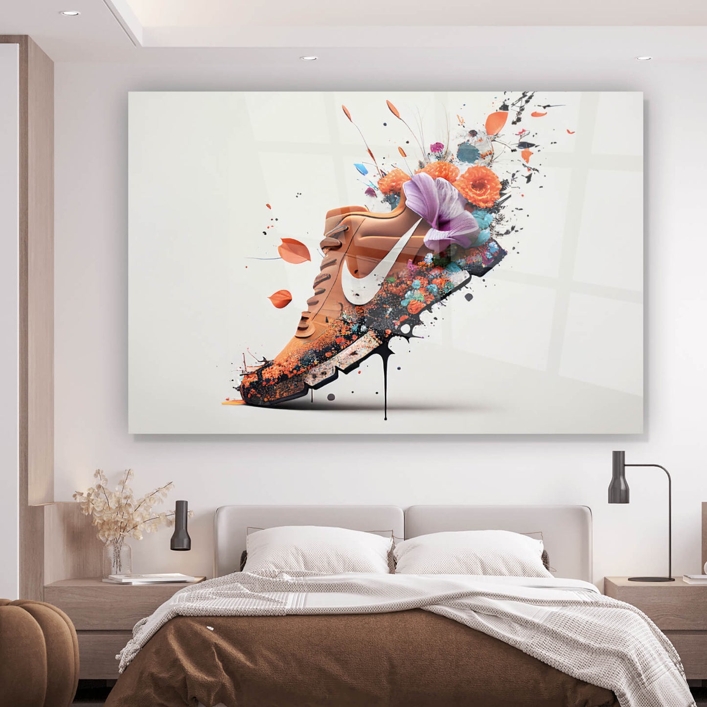 Acrylglasbild Sportschuh mit Blumen Querformat