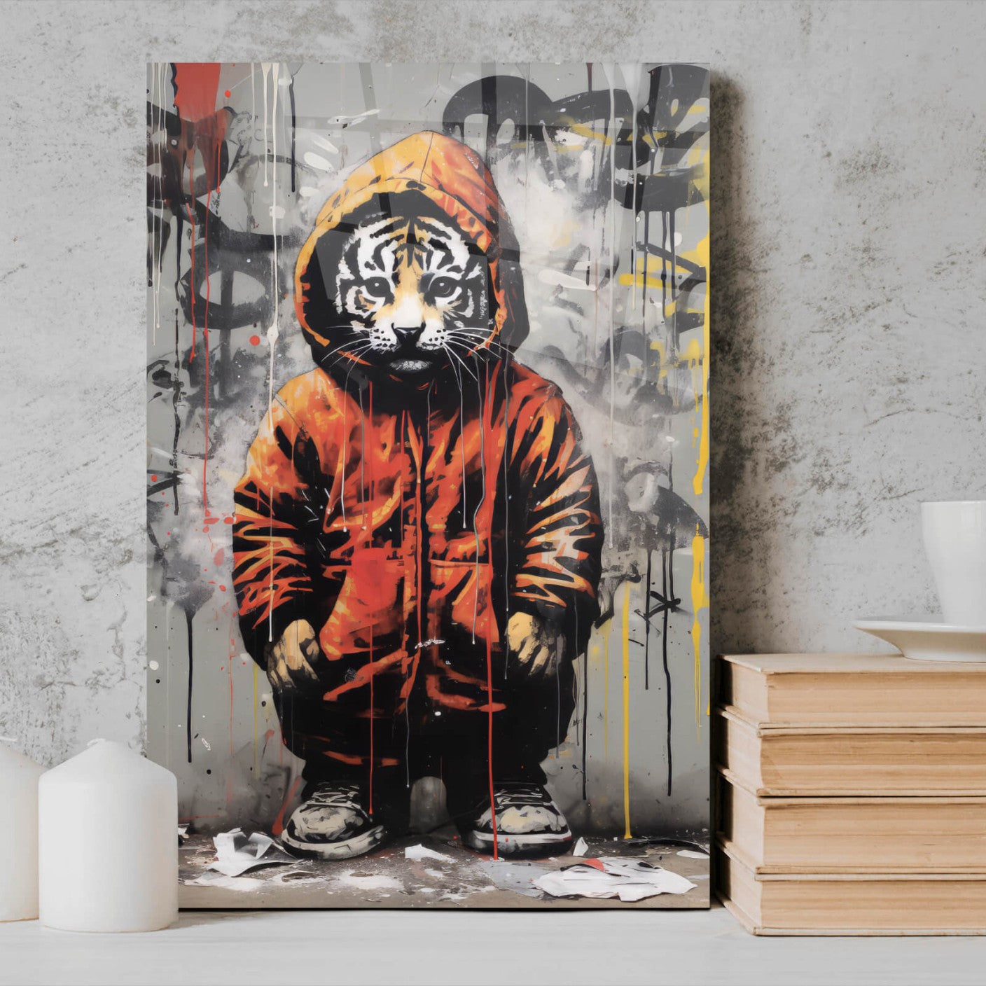Acrylglasbild Tiger Junge Street Art Stil Hochformat