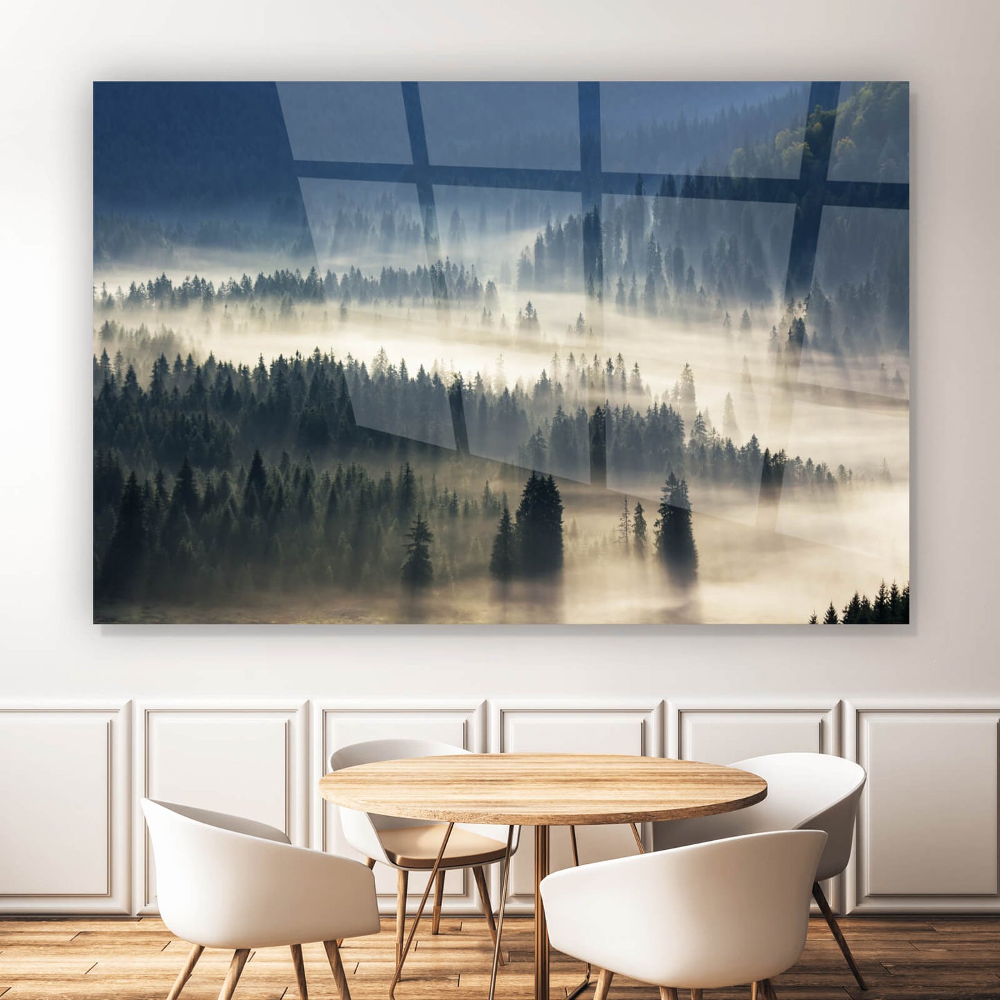 Acrylglasbild Wald in nebligem Tal Querformat