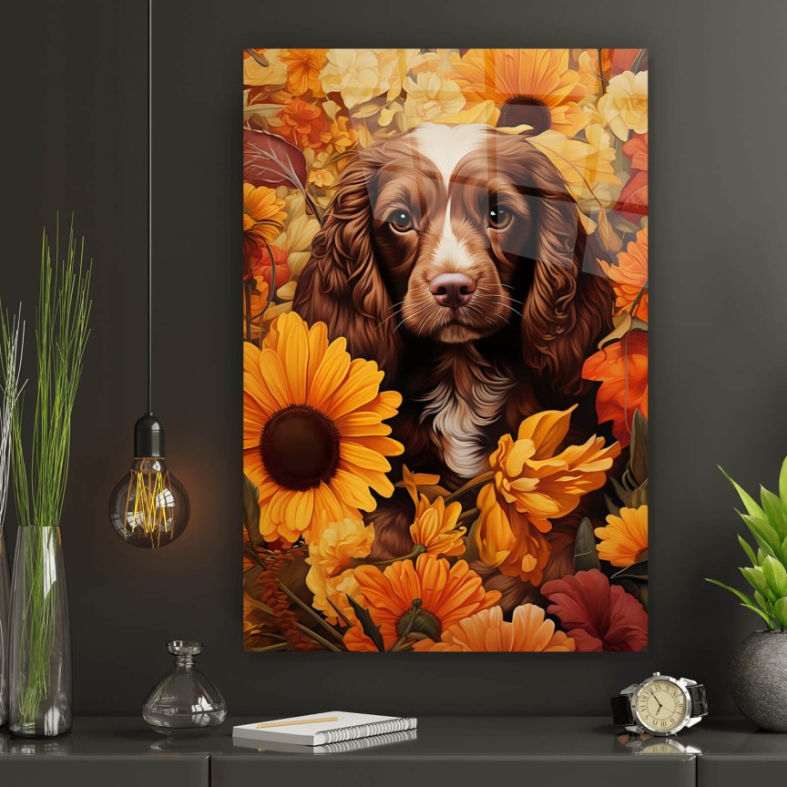 Acrylglasbild Welpe Cocker Spaniel im Blütenmeer Hochformat