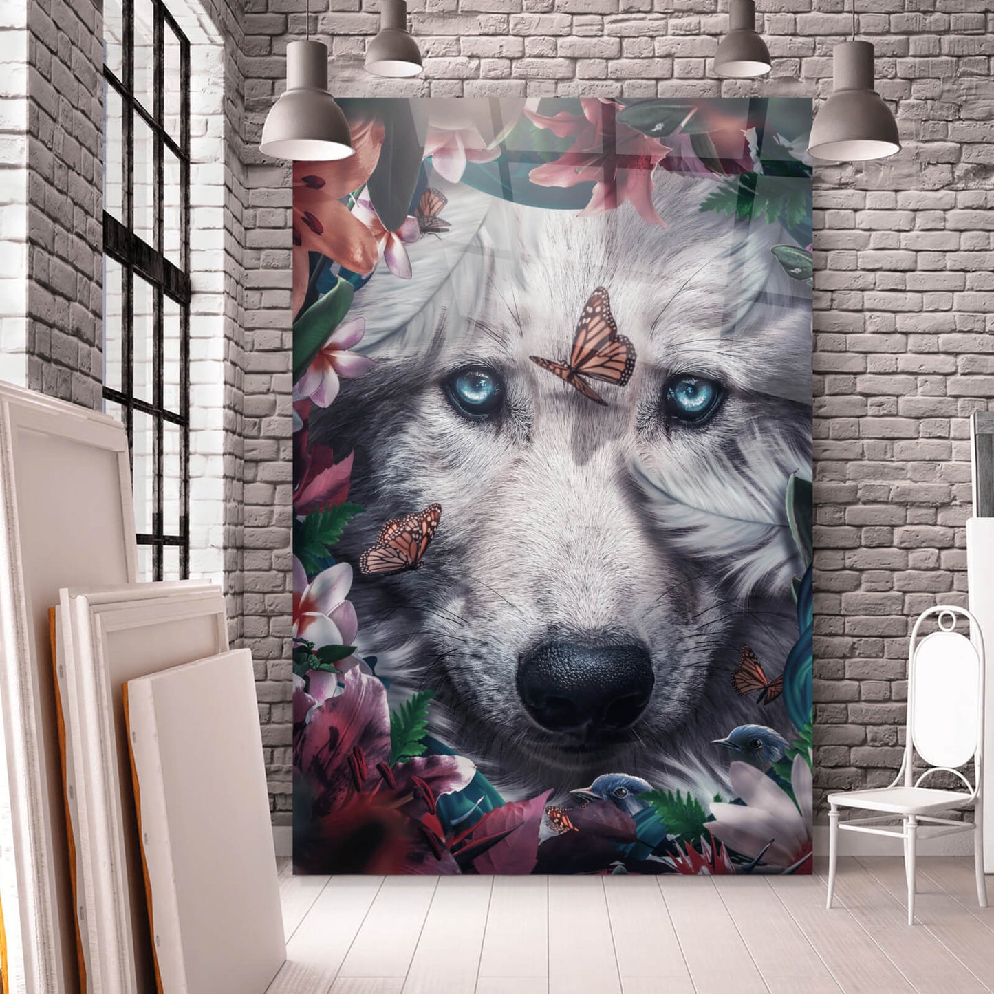 Acrylglasbild Wolfgesicht mit Blumen Hochformat