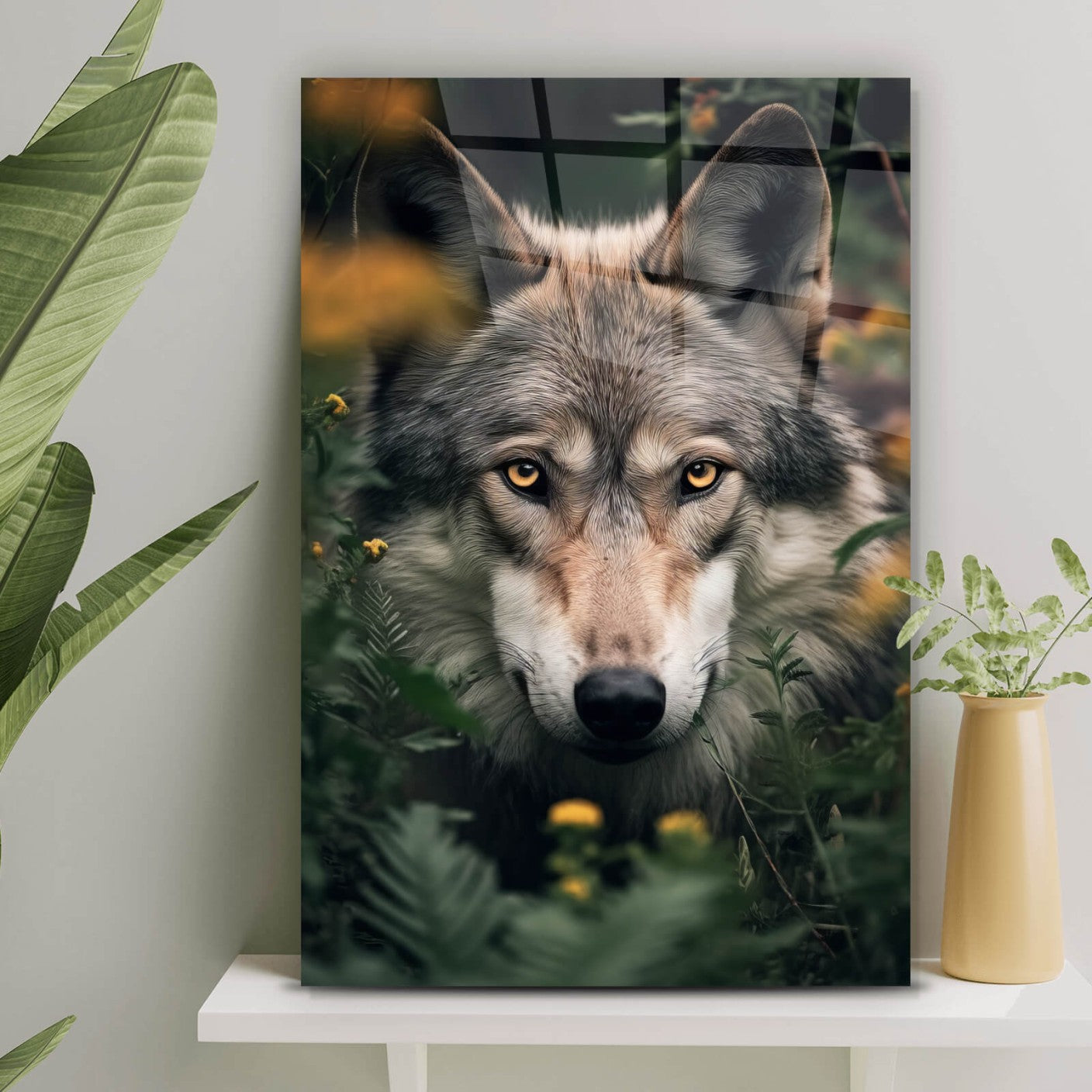 Acrylglasbild Wolfportrait im Gestrüpp Hochformat