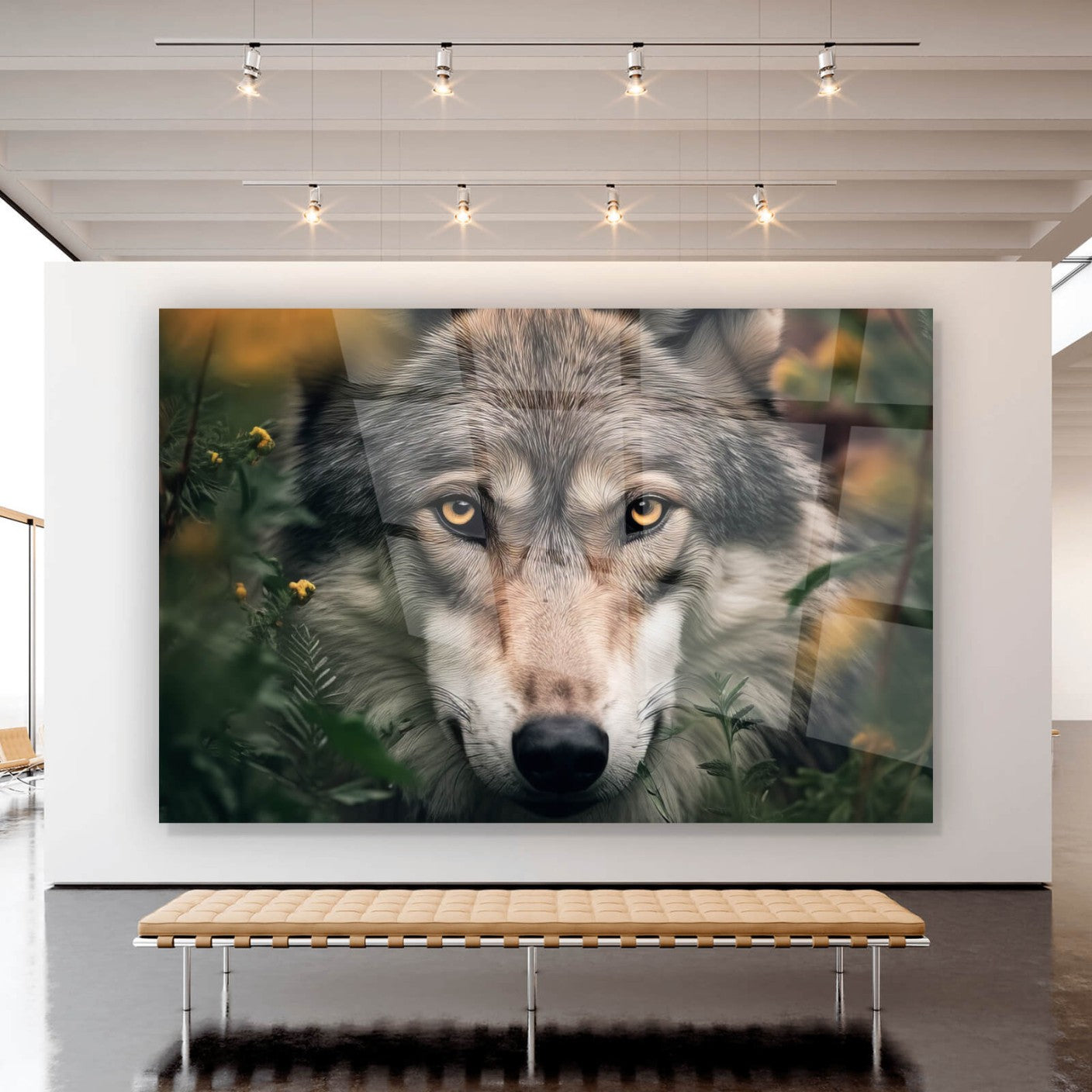 Acrylglasbild Wolfportrait im Gestrüpp Querformat