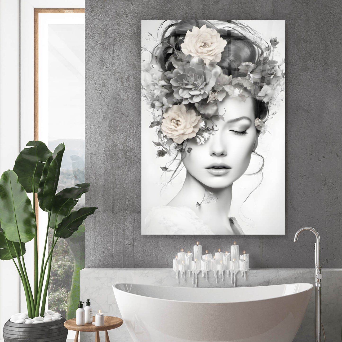 Acrylglasbild zartes Frauenportrait mit Blumen Hochformat
