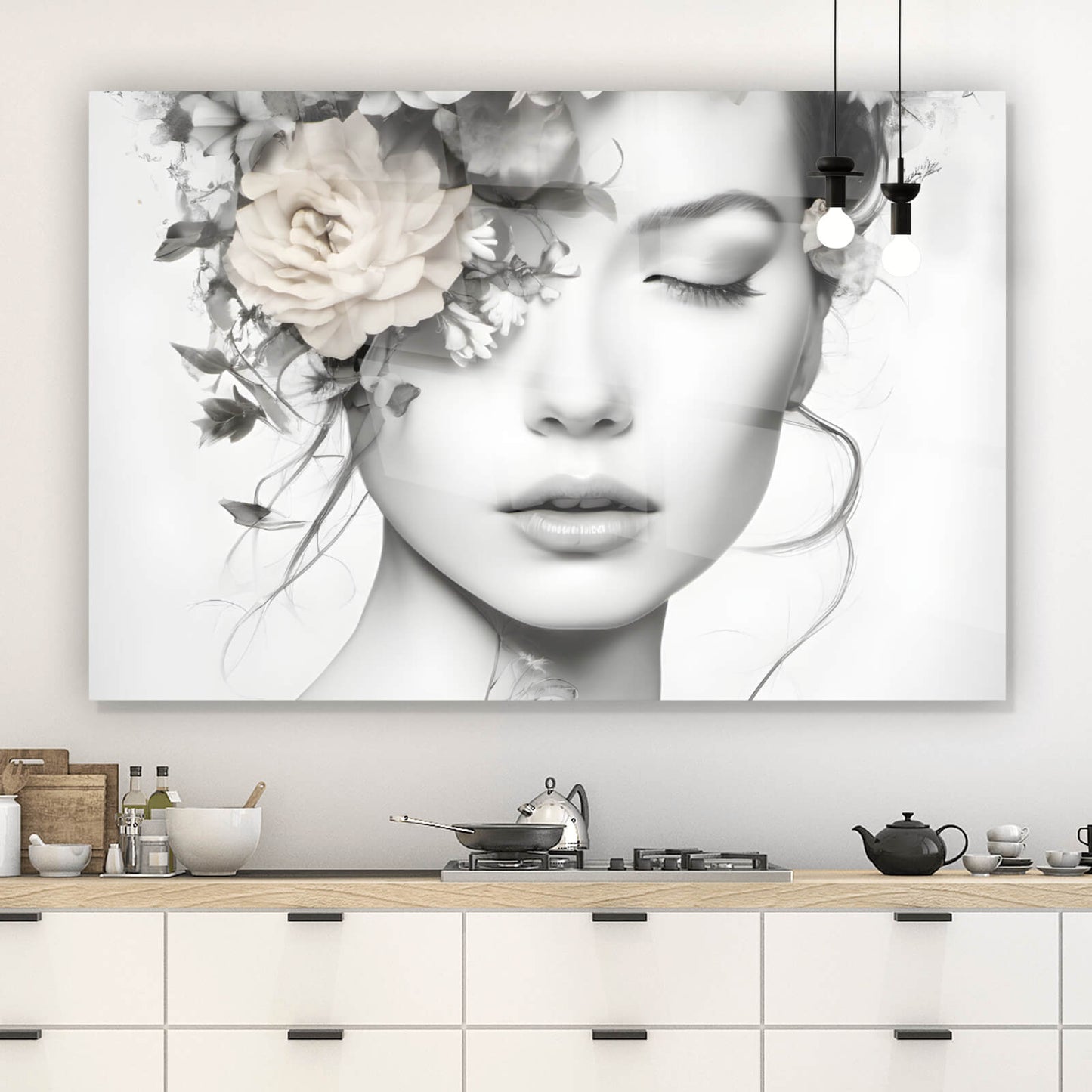 Acrylglasbild zartes Frauenportrait mit Blumen Querformat