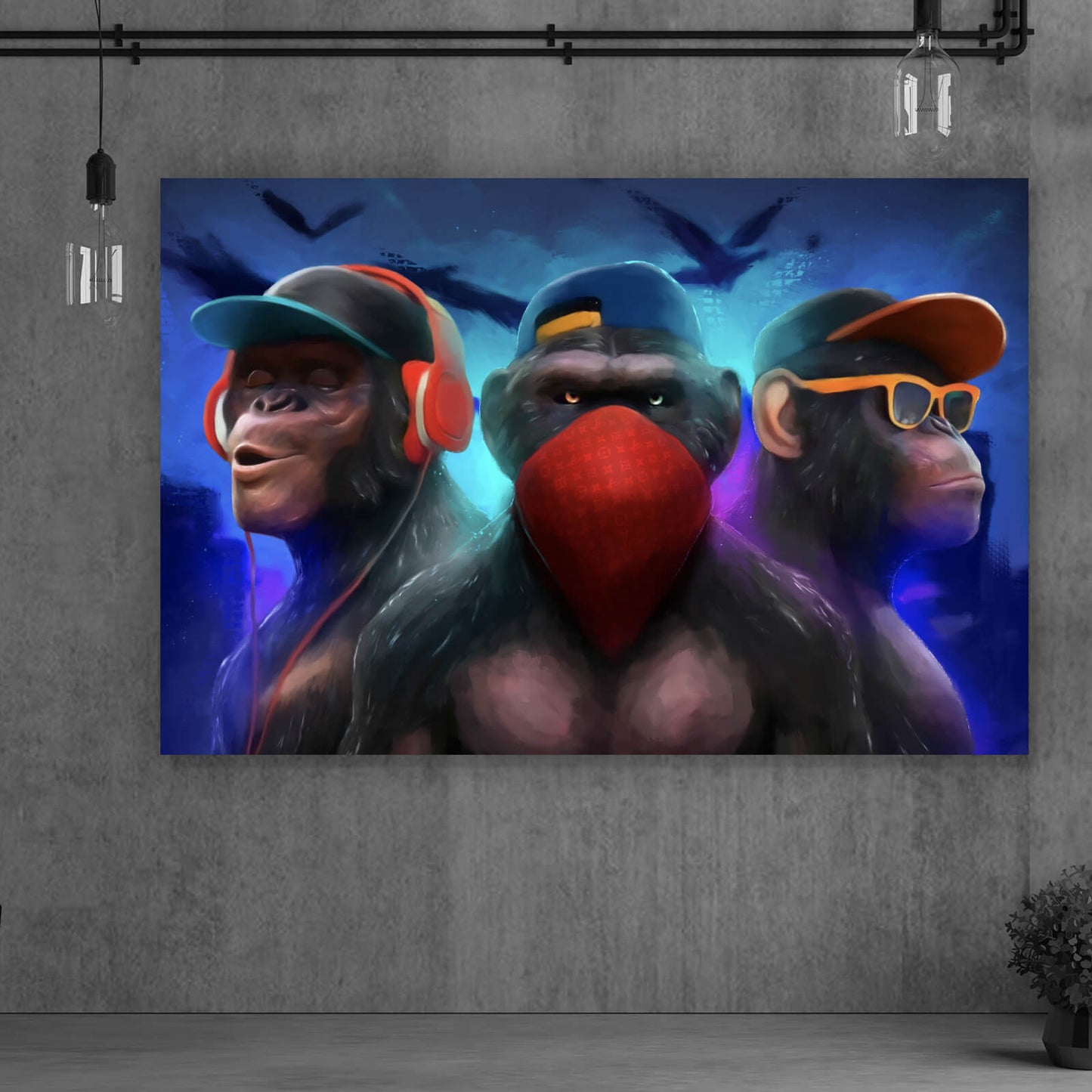 Leinwandbild 3 weise Affen Neon Querformat