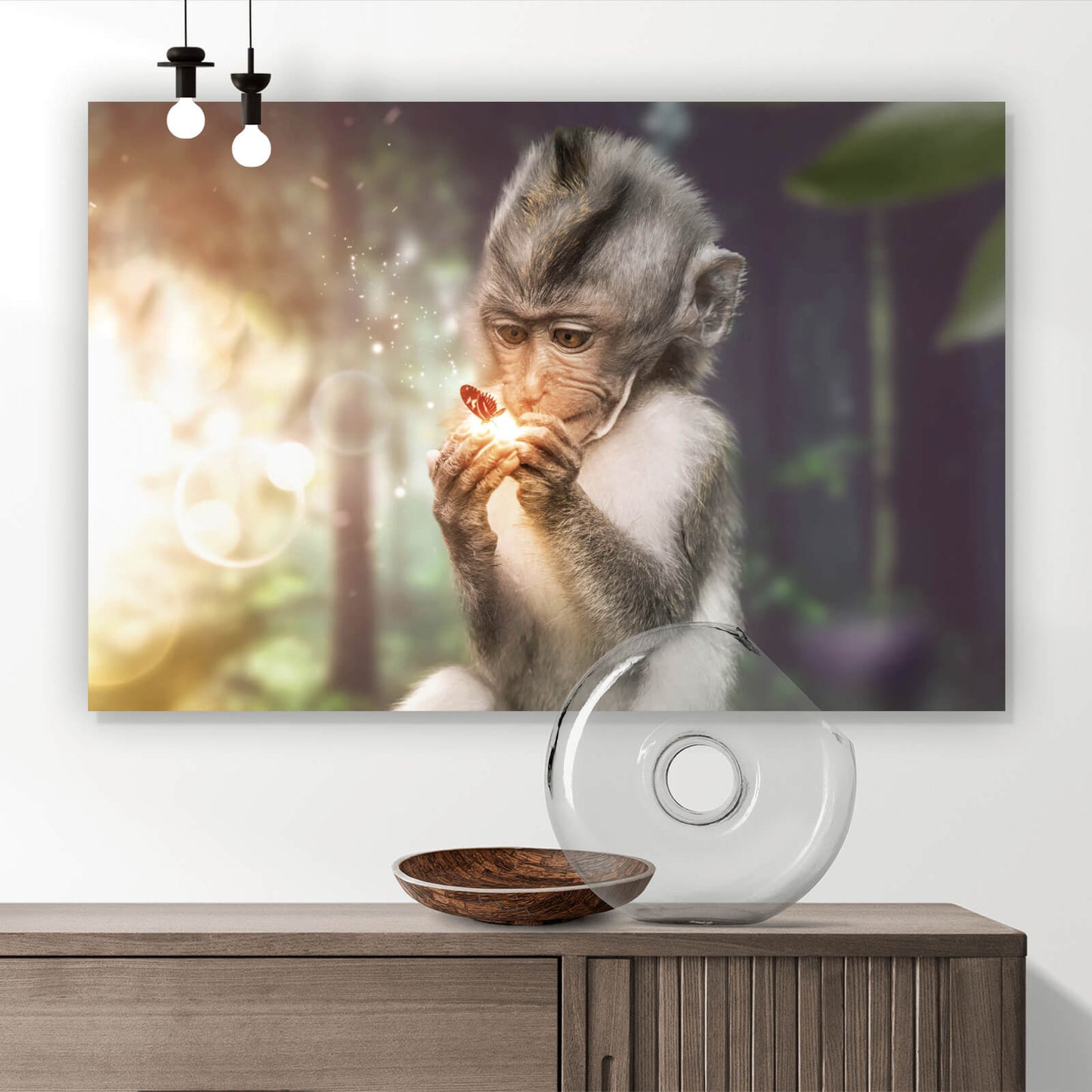 Leinwandbild Babyaffe mit Schmetterling Querformat