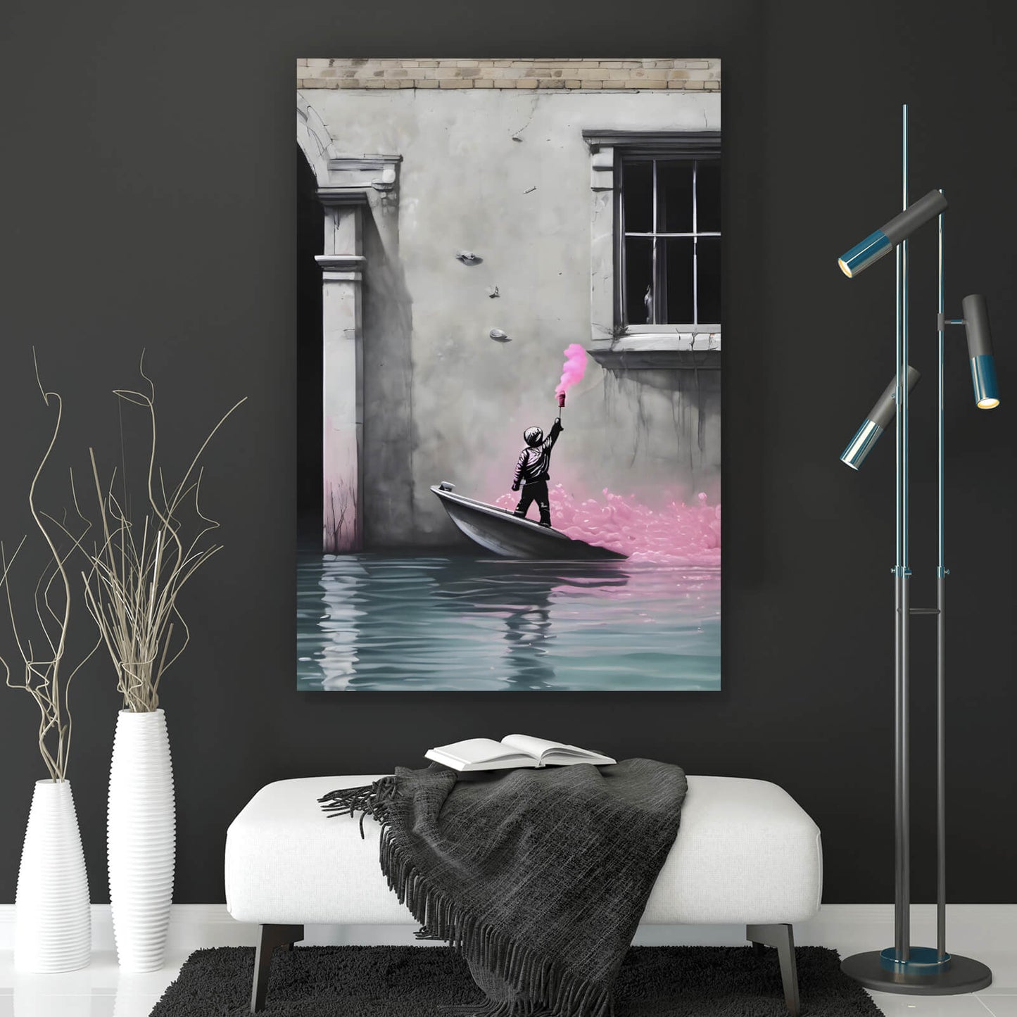 Leinwandbild Banksy Junge auf dem Boot Hochformat