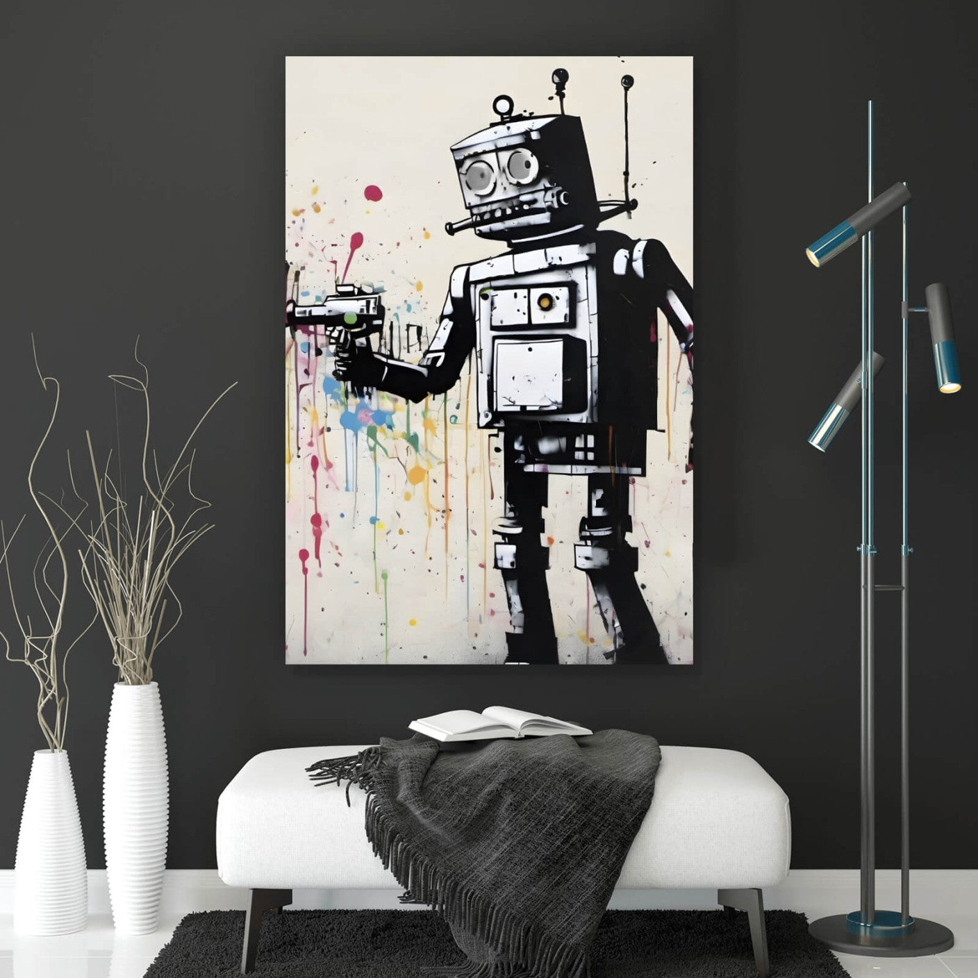 Leinwandbild Banksy Roboter mit Pistole abstrakt Hochformat