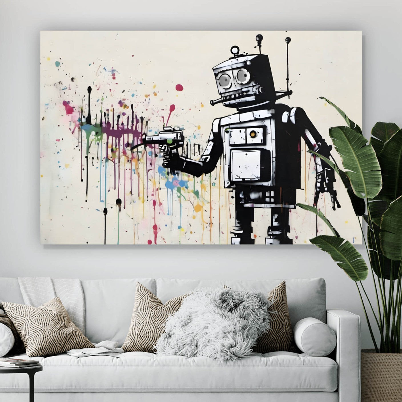Leinwandbild Banksy Roboter mit Pistole abstrakt Querformat