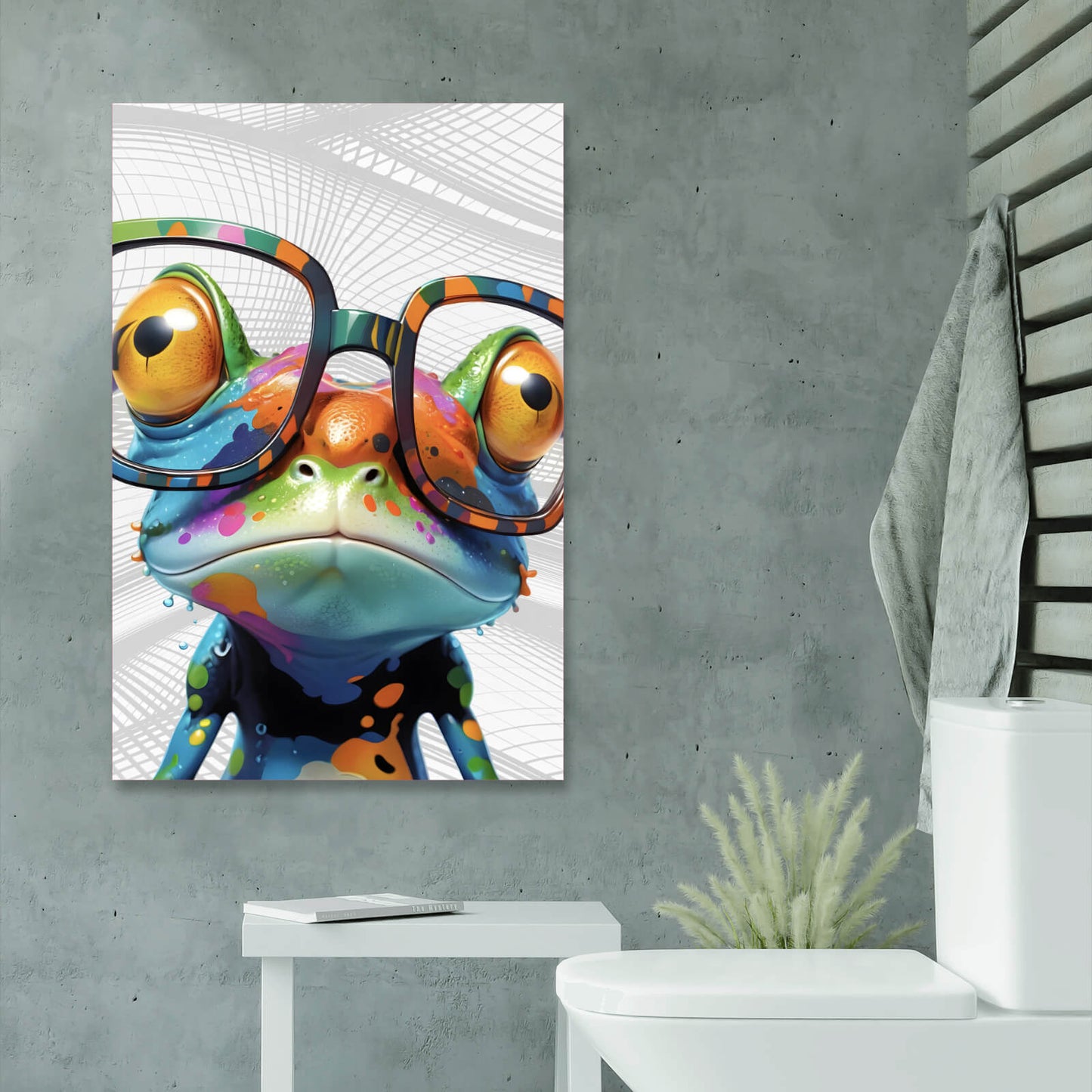 Leinwandbild Bunter Frosch mit Brille Hochformat