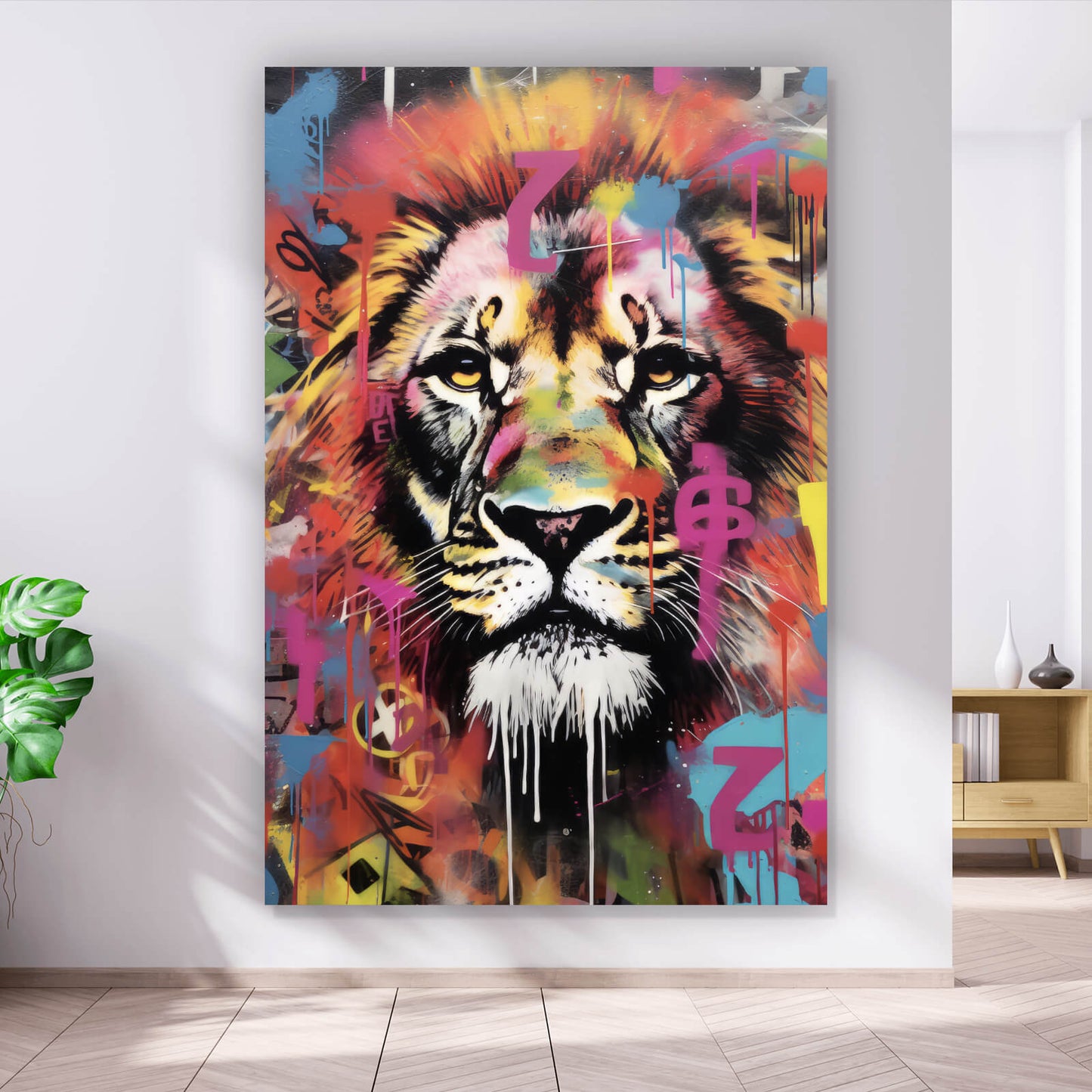 Leinwandbild buntes Löwenportrait Street Art Hochformat