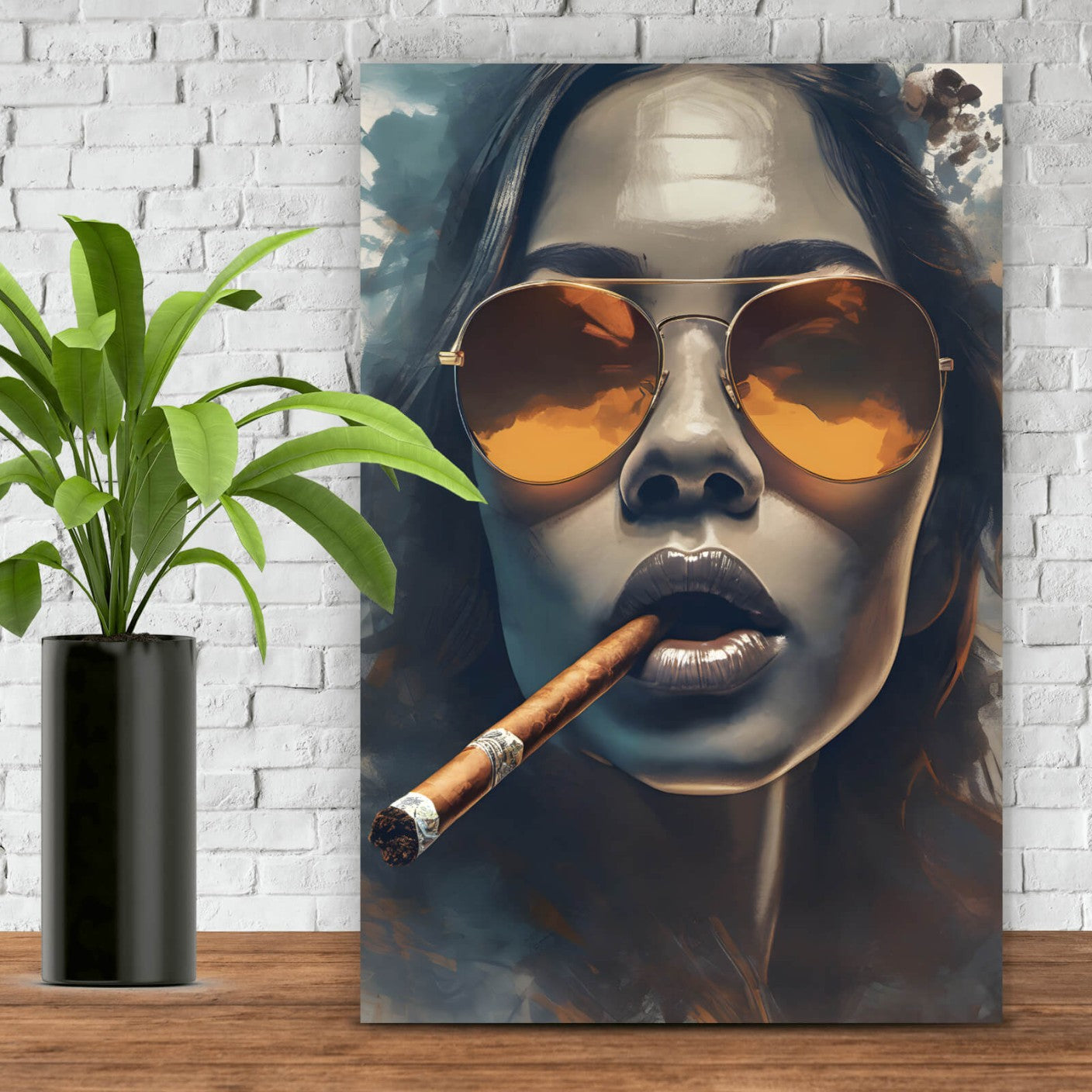 Leinwandbild coole Frau mit Zigarre und Sonnenbrille Hochformat