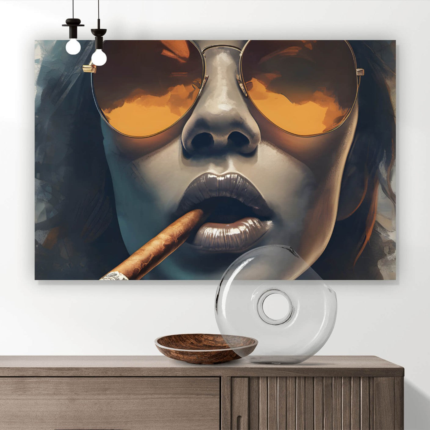 Leinwandbild coole Frau mit Zigarre und Sonnenbrille Querformat