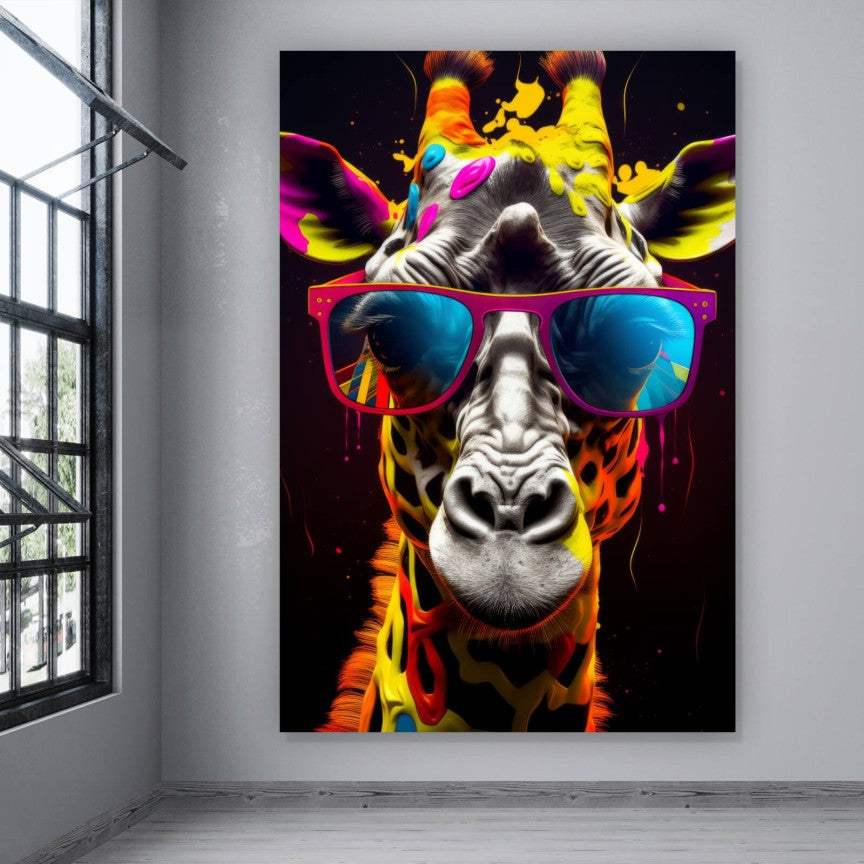 Leinwandbild Cooles Giraffen Portrait mit Brille Street Art Hochformat
