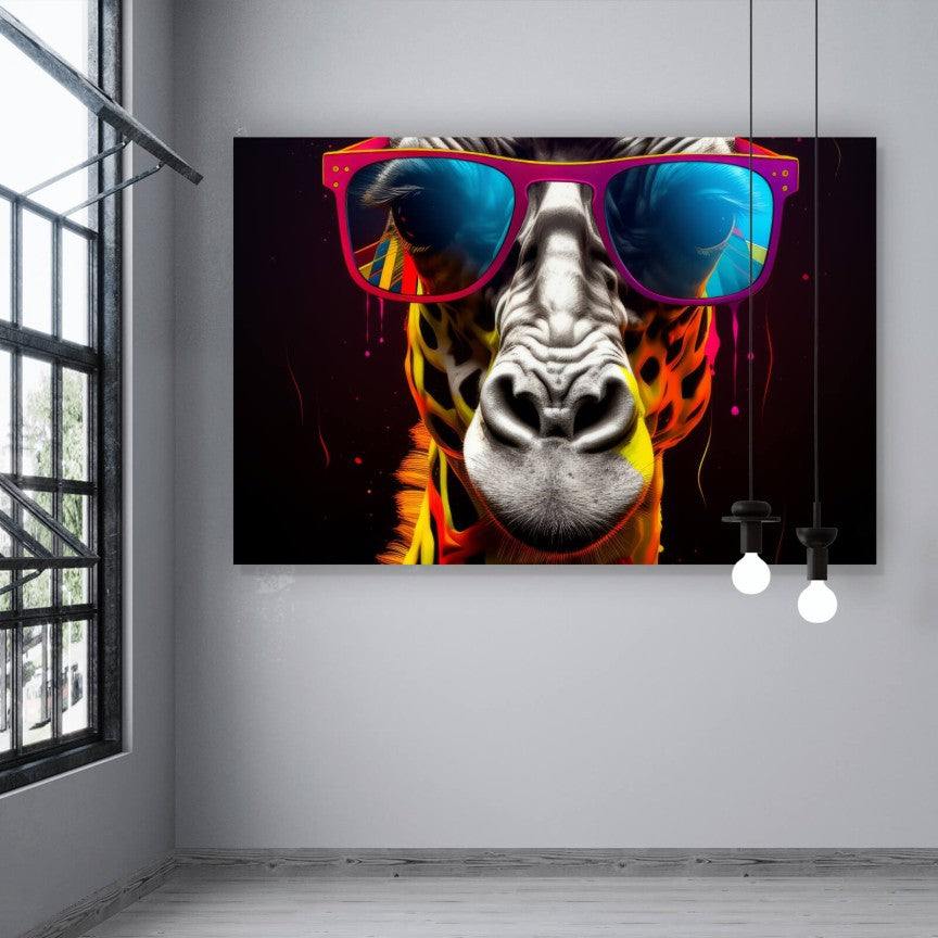 Leinwandbild Cooles Giraffen Portrait mit Brille Street Art Querformat