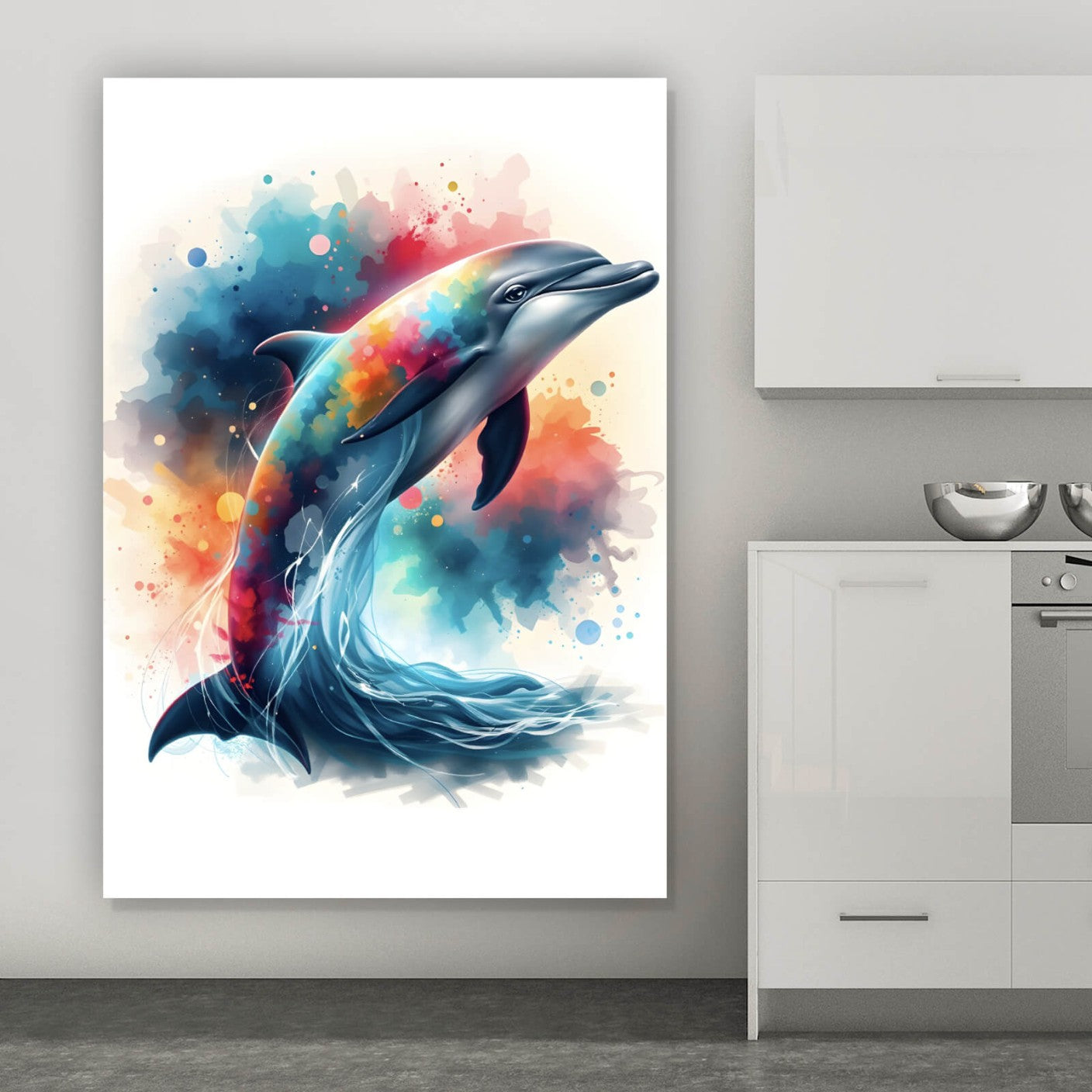 Leinwandbild Delfin in bunter Aquarelloptik Hochformat
