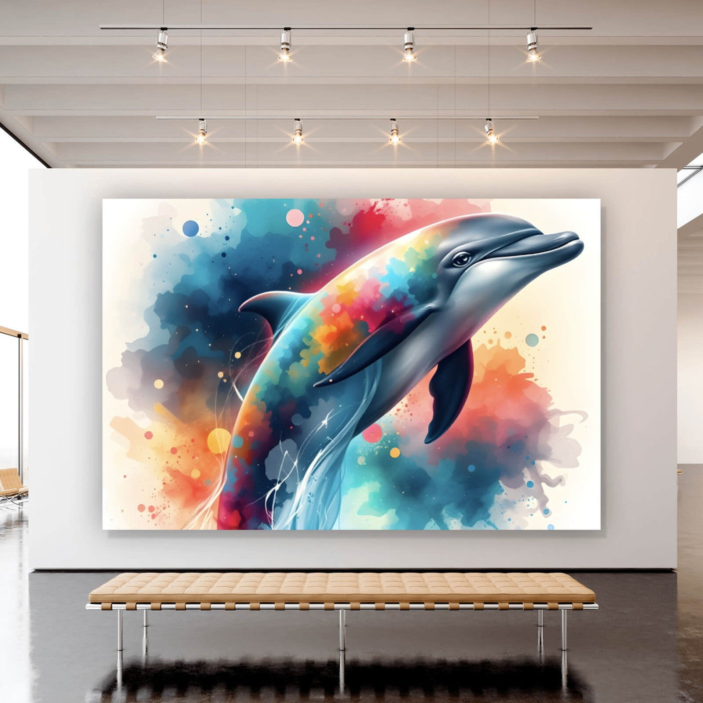 Leinwandbild Delfin in bunter Aquarelloptik Querformat