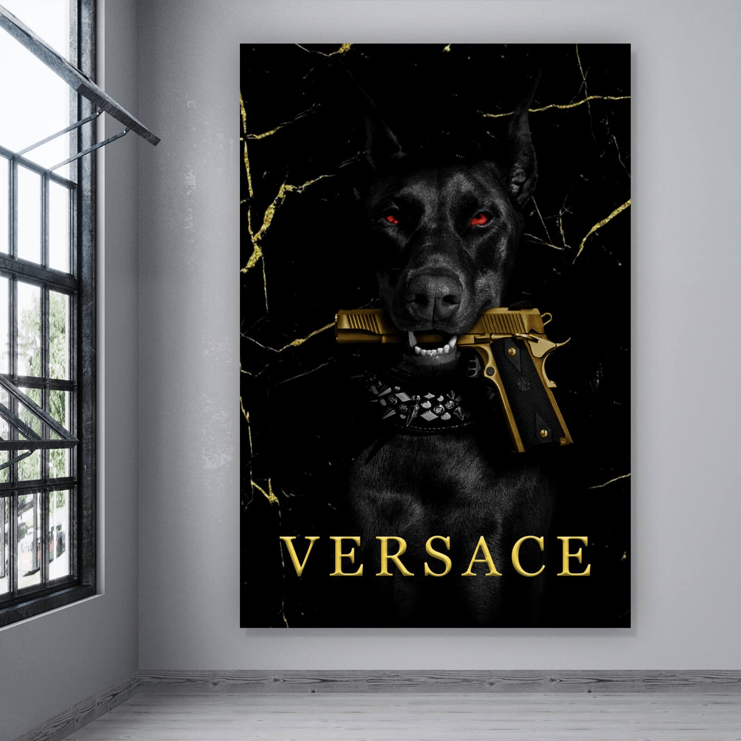 Leinwandbild Edler Hund mit Pistole Digital Art Hochformat