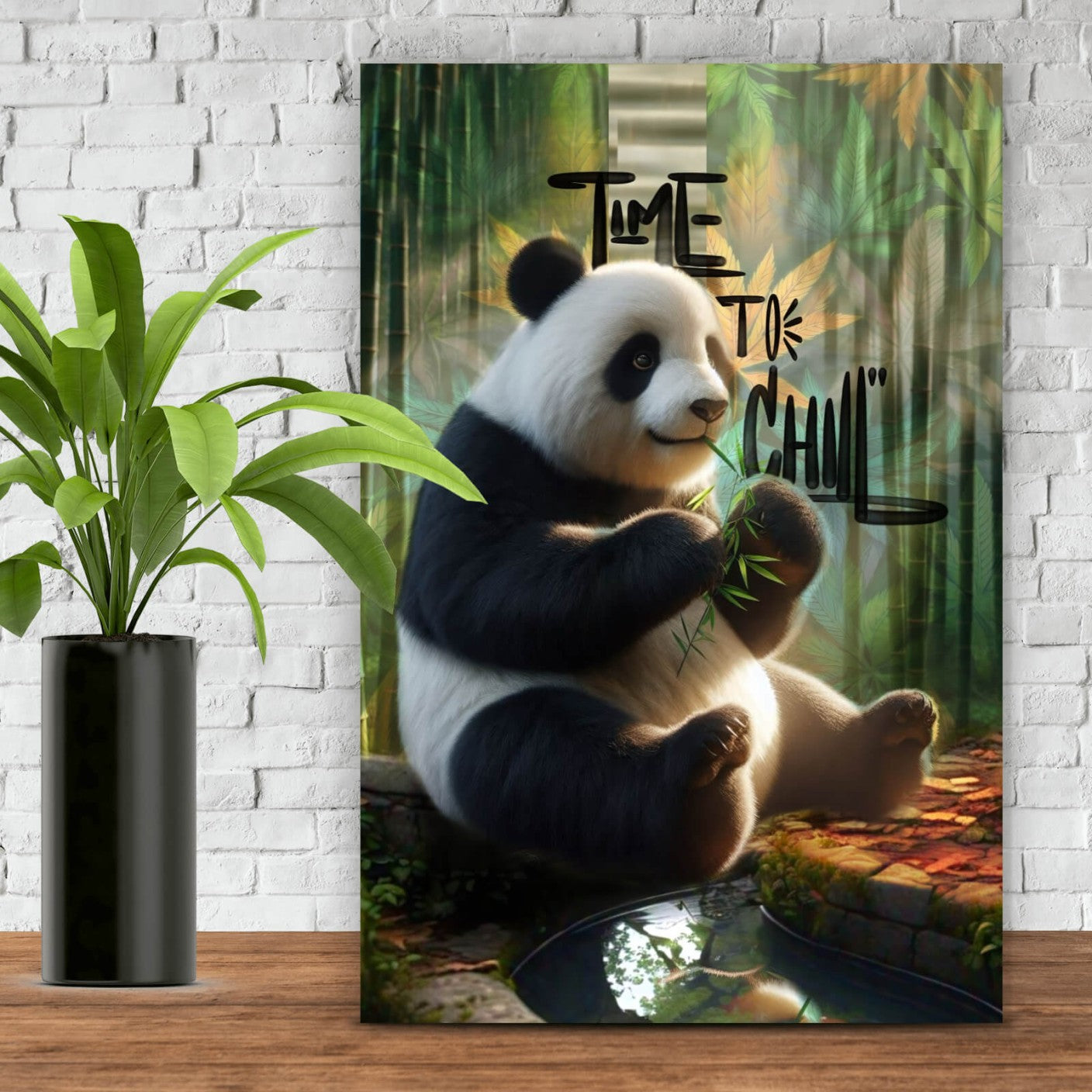 Leinwandbild Entspannter Pandabär im Schilf Hochformat