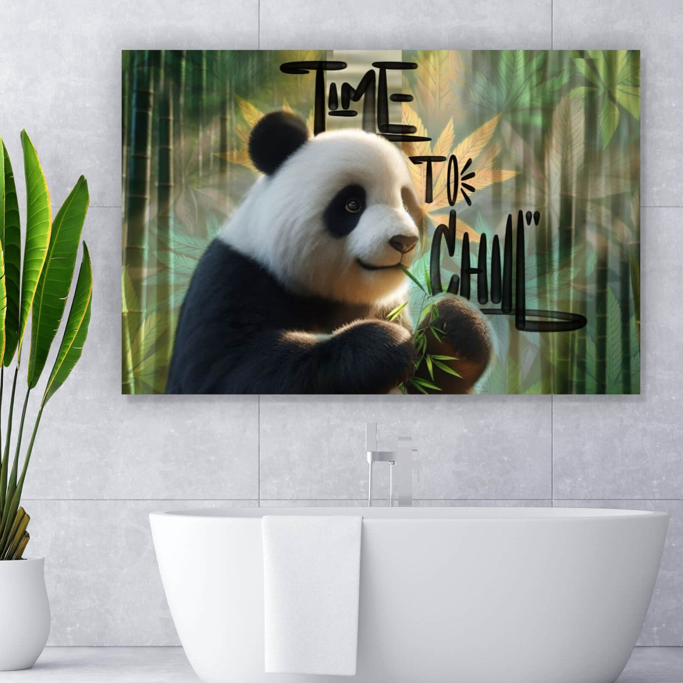 Leinwandbild Entspannter Pandabär im Schilf Querformat