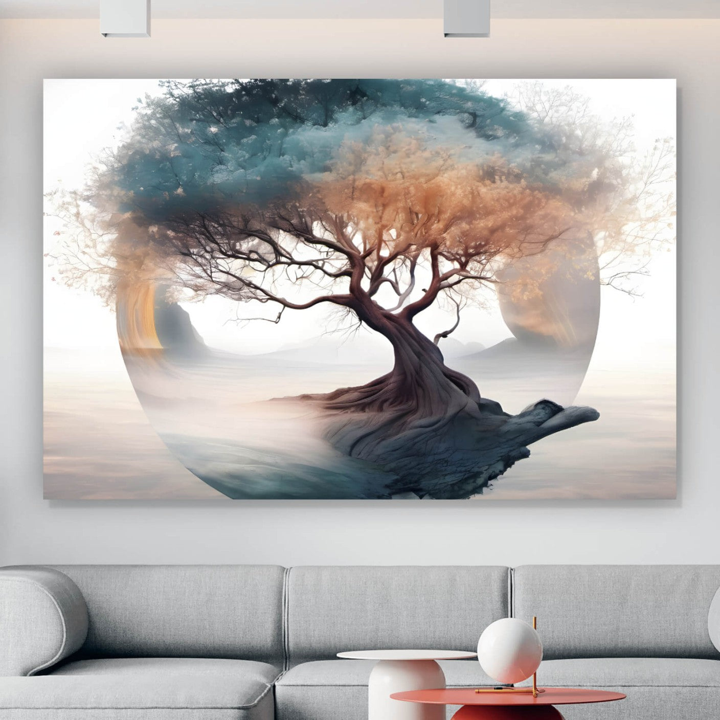 Leinwandbild Fantasiebaum im Nebel Querformat