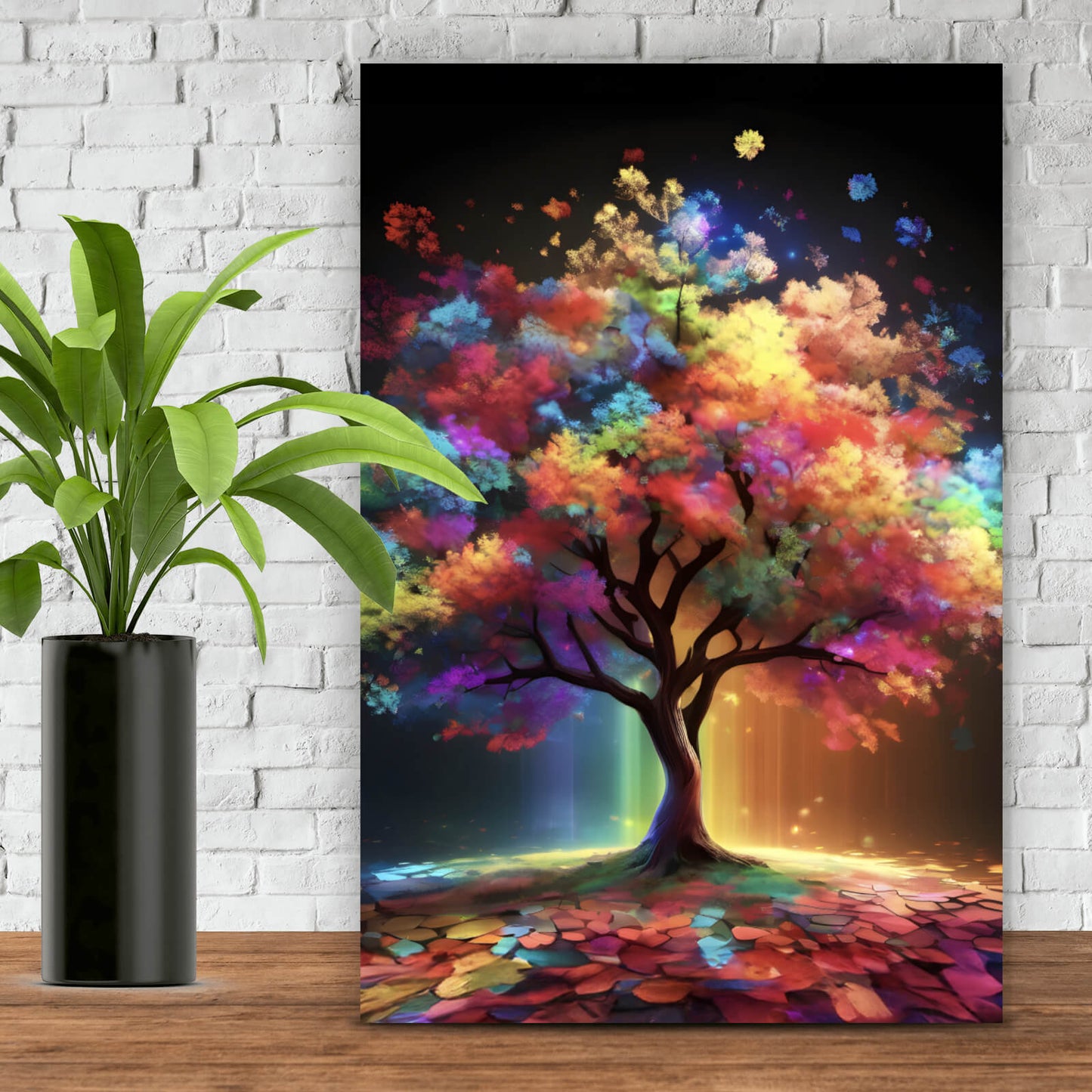 Leinwandbild Fantasiebaum in Regenbogenfarben Hochformat