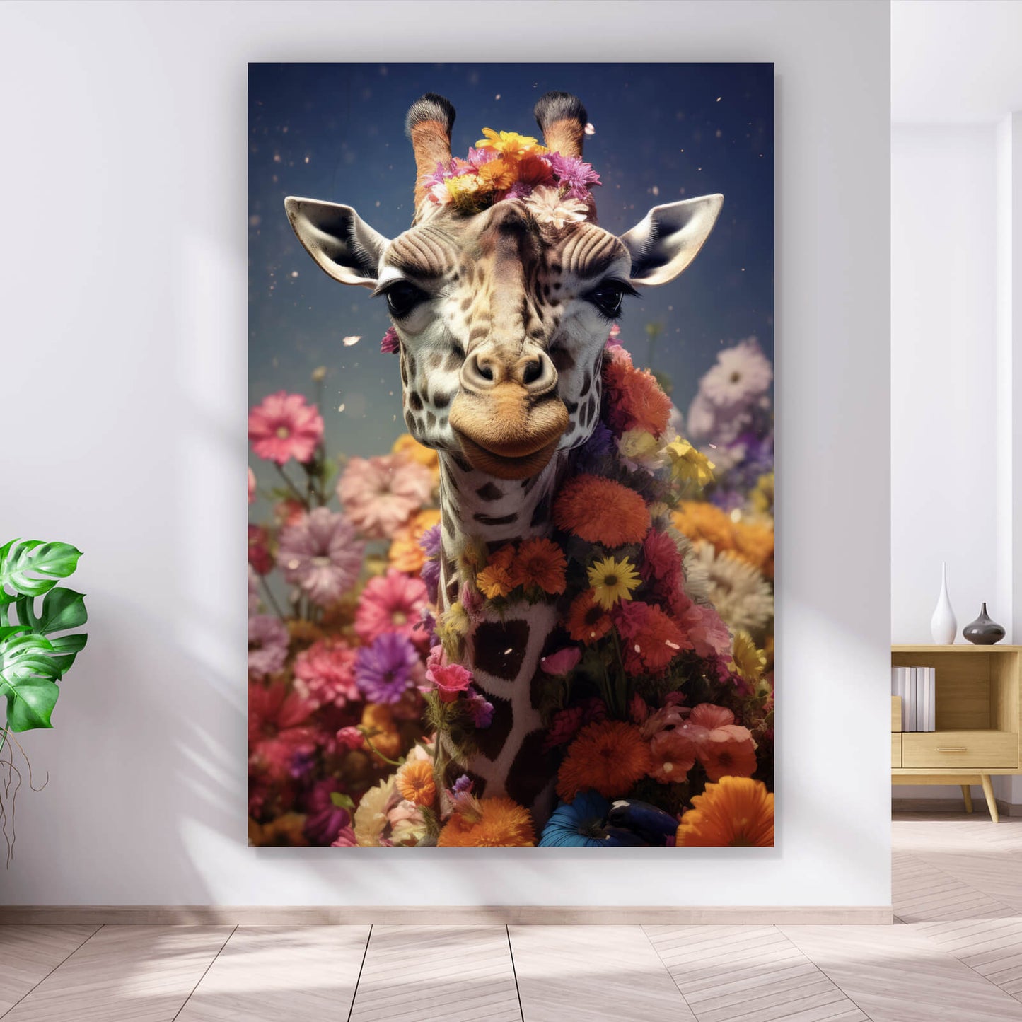 Leinwandbild Giraffe mit Blumen Digital Art Hochformat