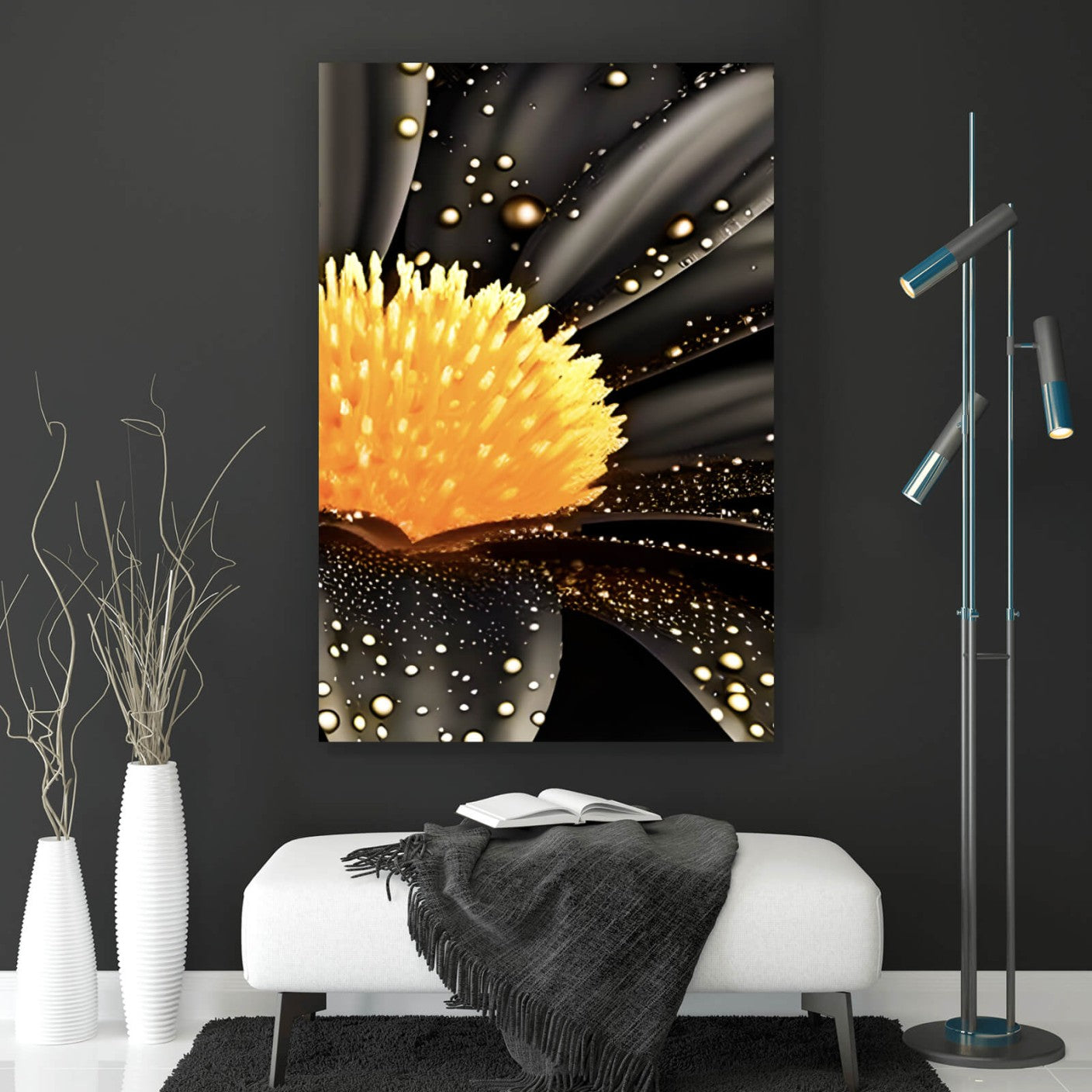 Leinwandbild Goldene schwarze Blume Hochformat