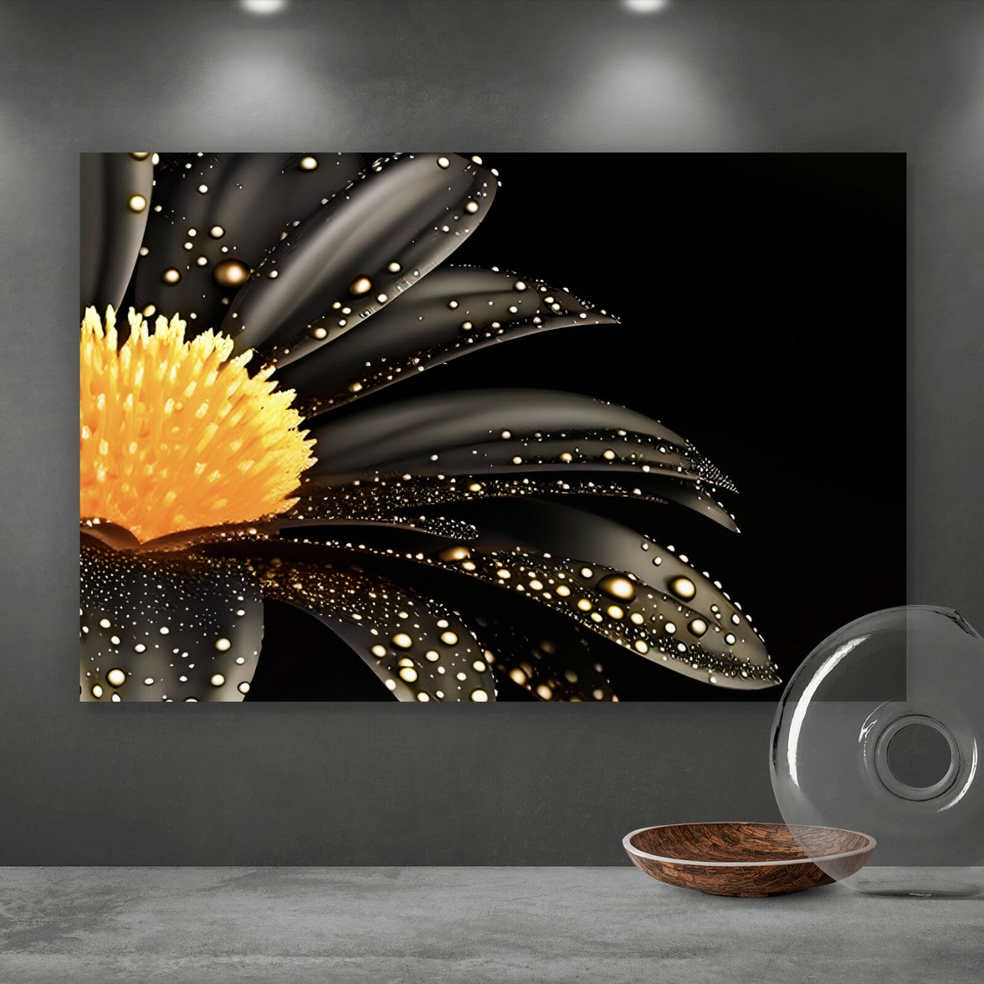 Leinwandbild Goldene schwarze Blume Querformat