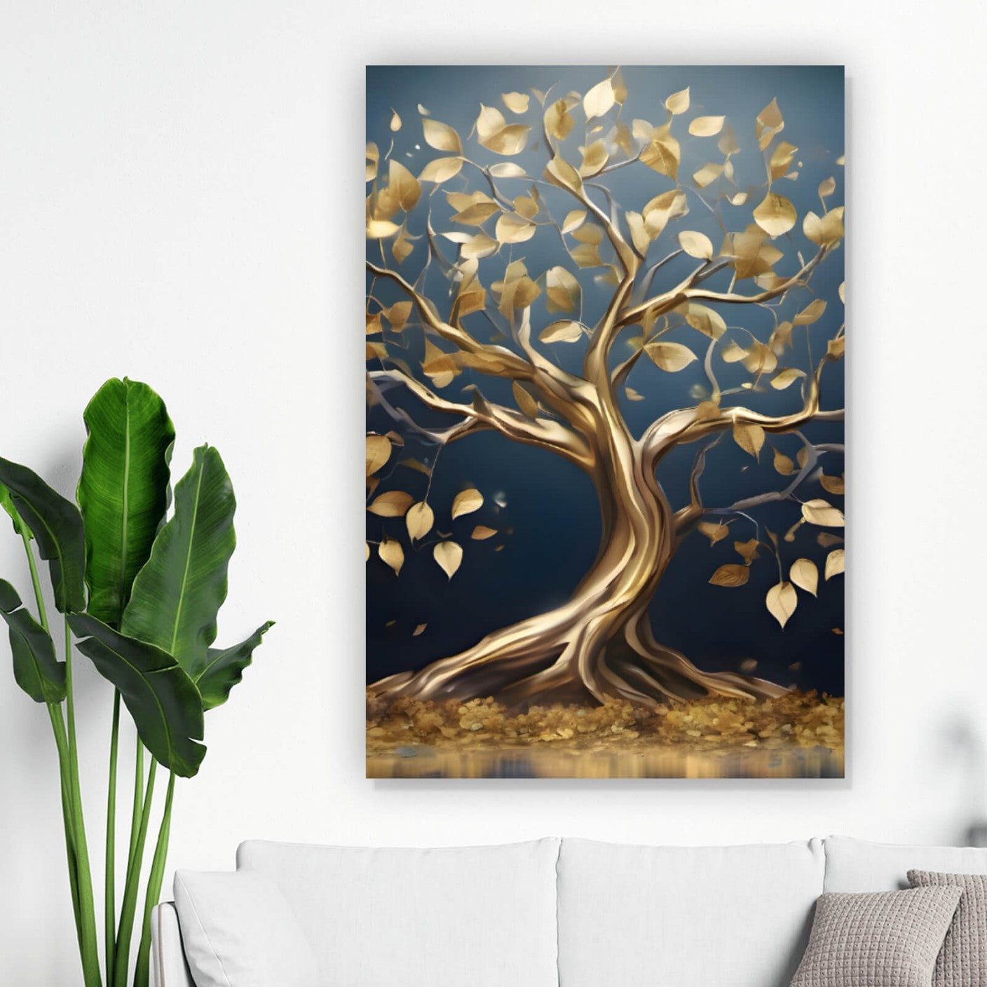 Leinwandbild Goldener Baum am Wasser Hochformat