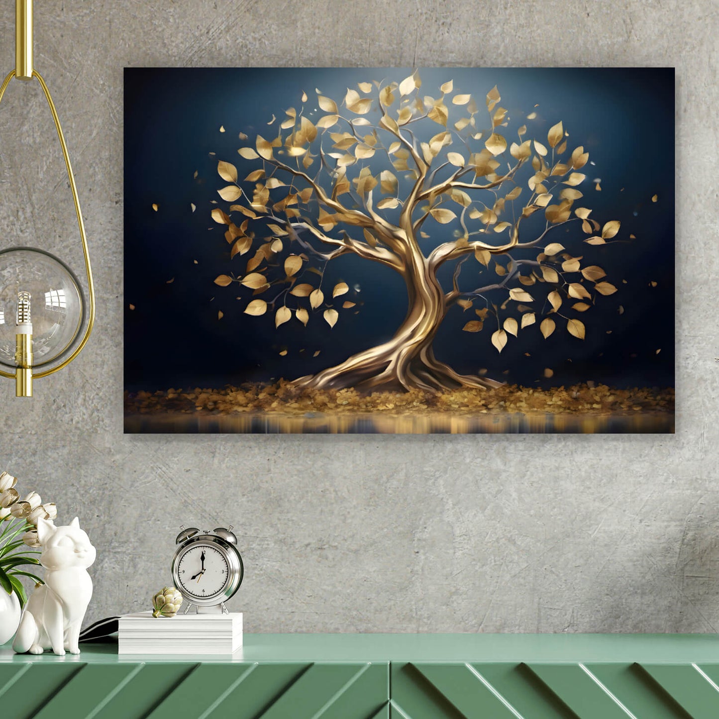 Leinwandbild Goldener Baum am Wasser Querformat