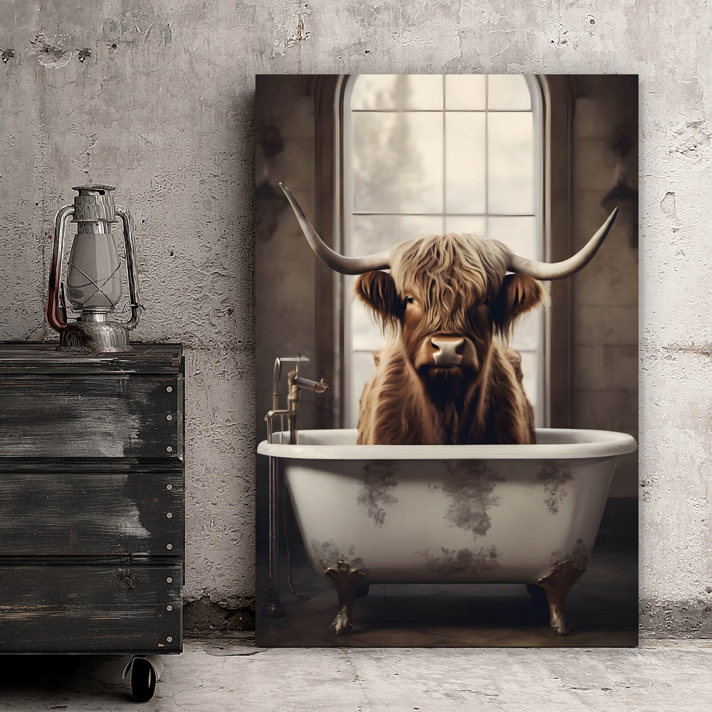 Leinwandbild Highland Rind in der Wanne Hochformat